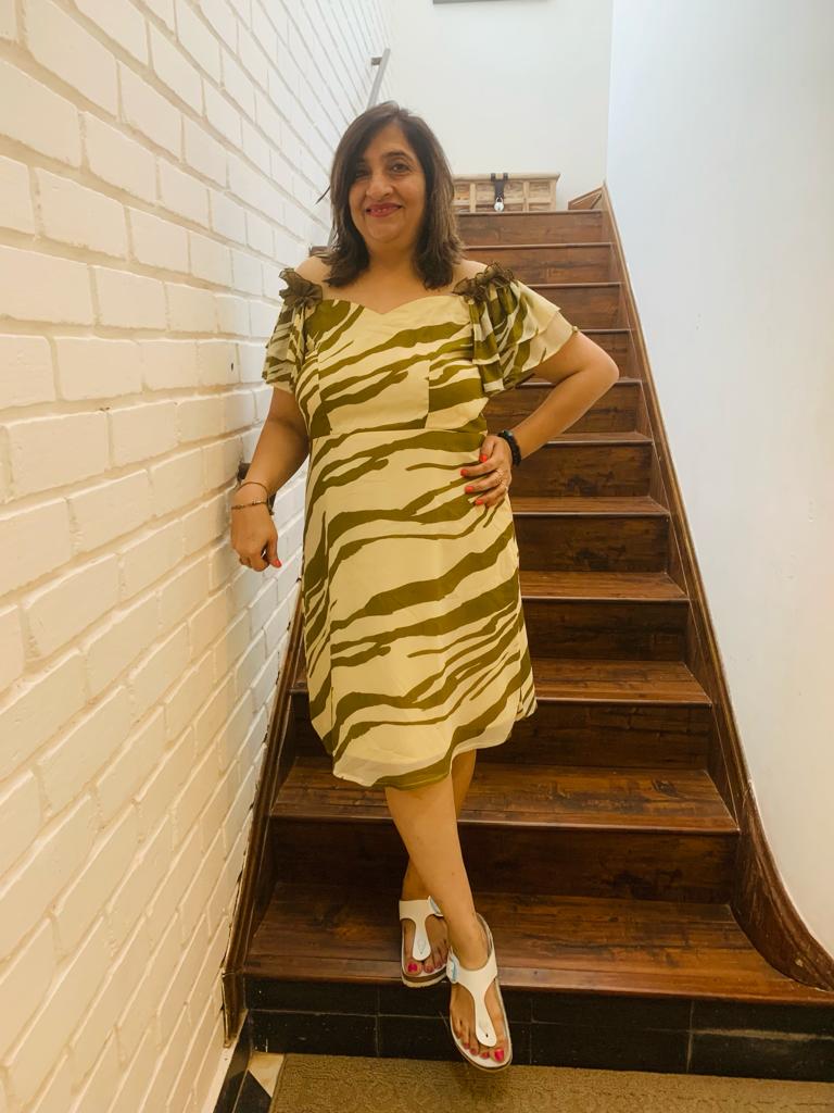 Cream Olive Zebra Printed Midi