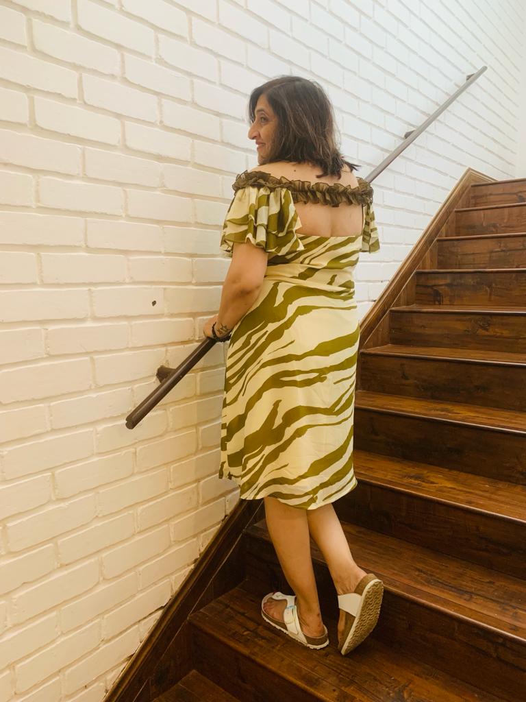 Cream Olive Zebra Printed Midi