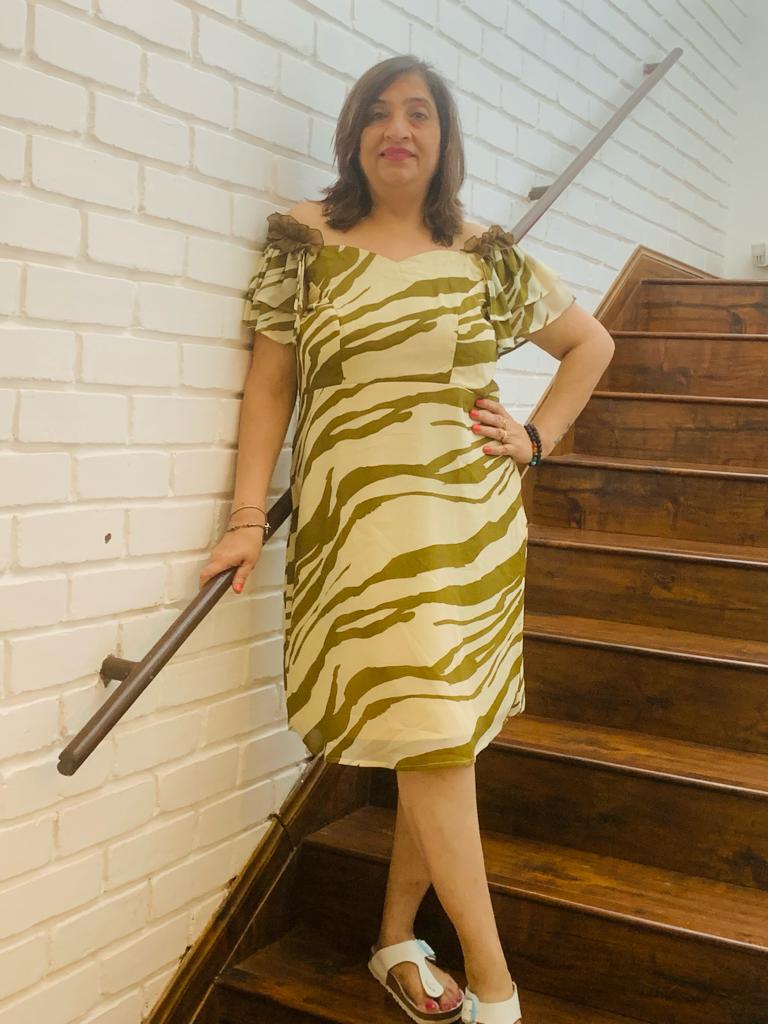 Cream Olive Zebra Printed Midi