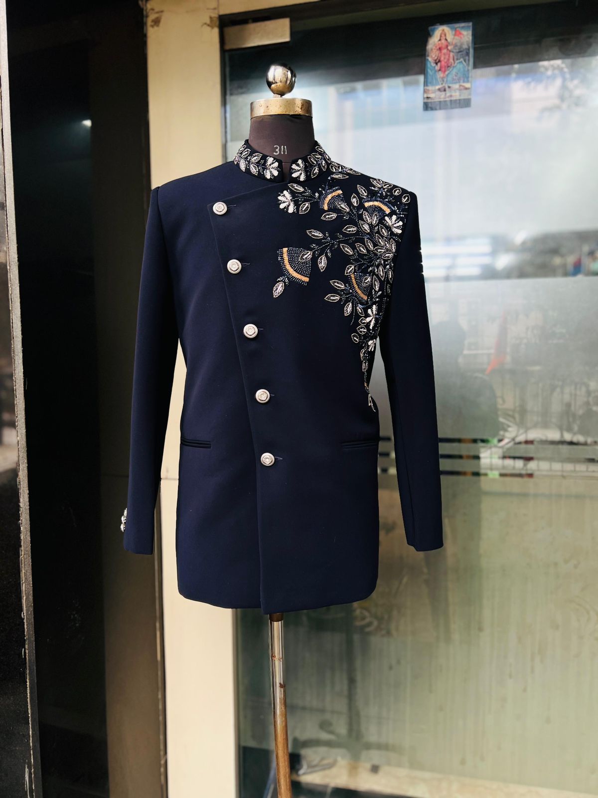 Menswear Navy Blue Angrakha Bandhgala With Pants