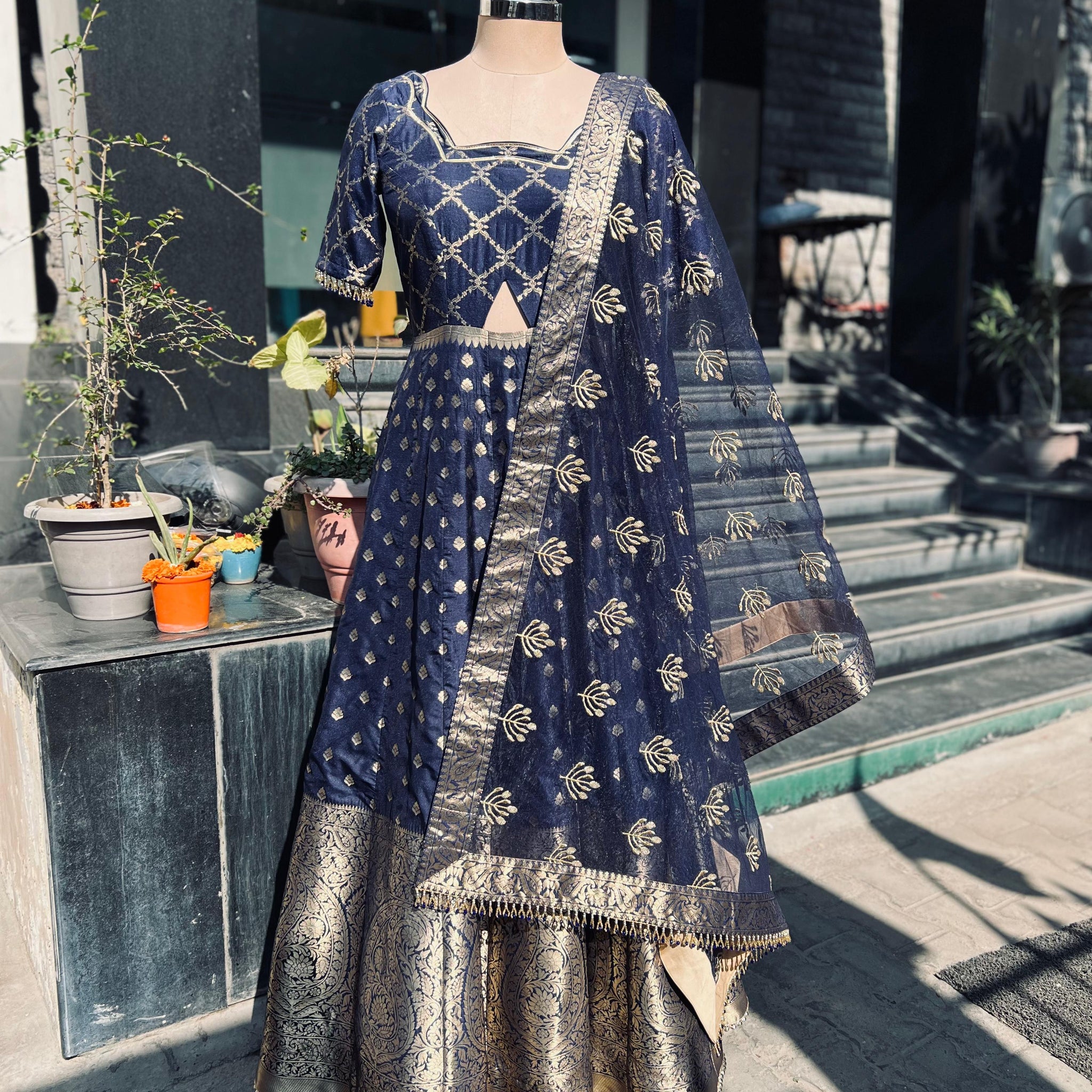 Navy Blue Banarasi Anarkali