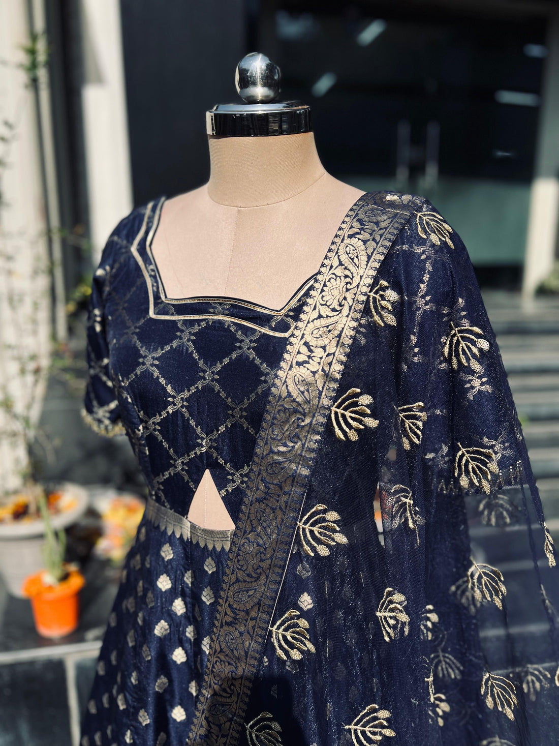 Navy Blue Banarasi Anarkali