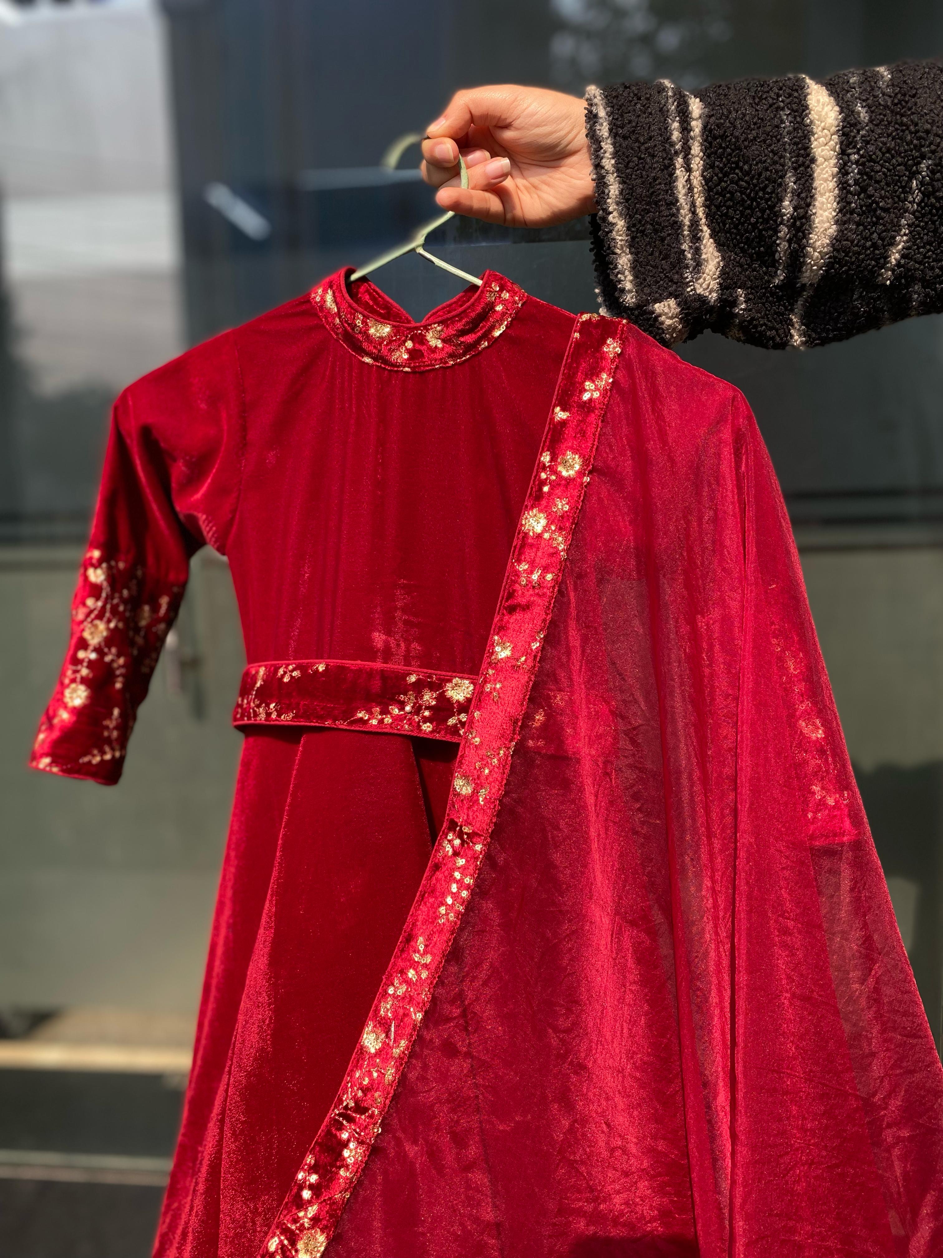 Maroon Velvet Kidswear Gown