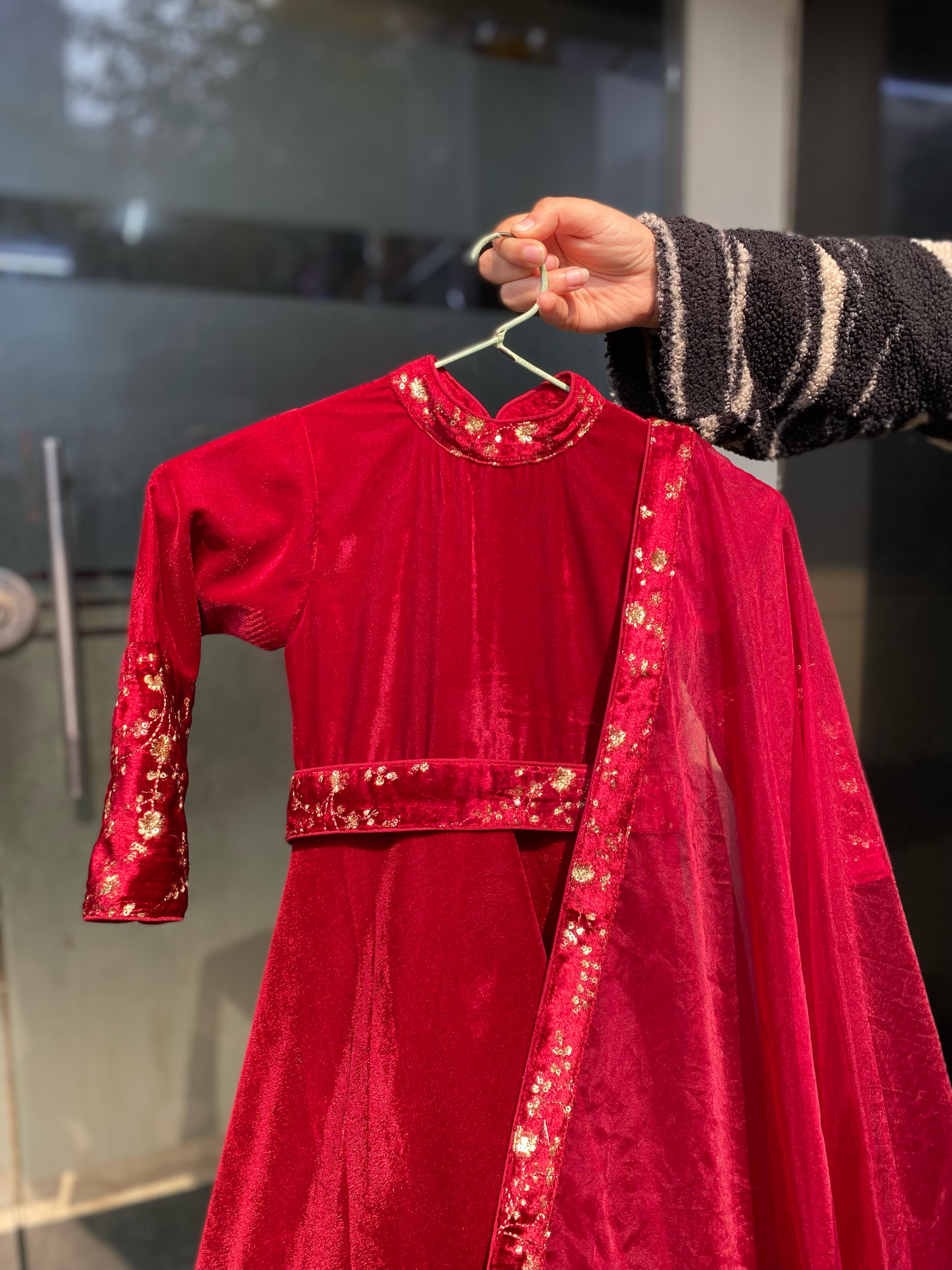 Maroon Velvet Kidswear Gown