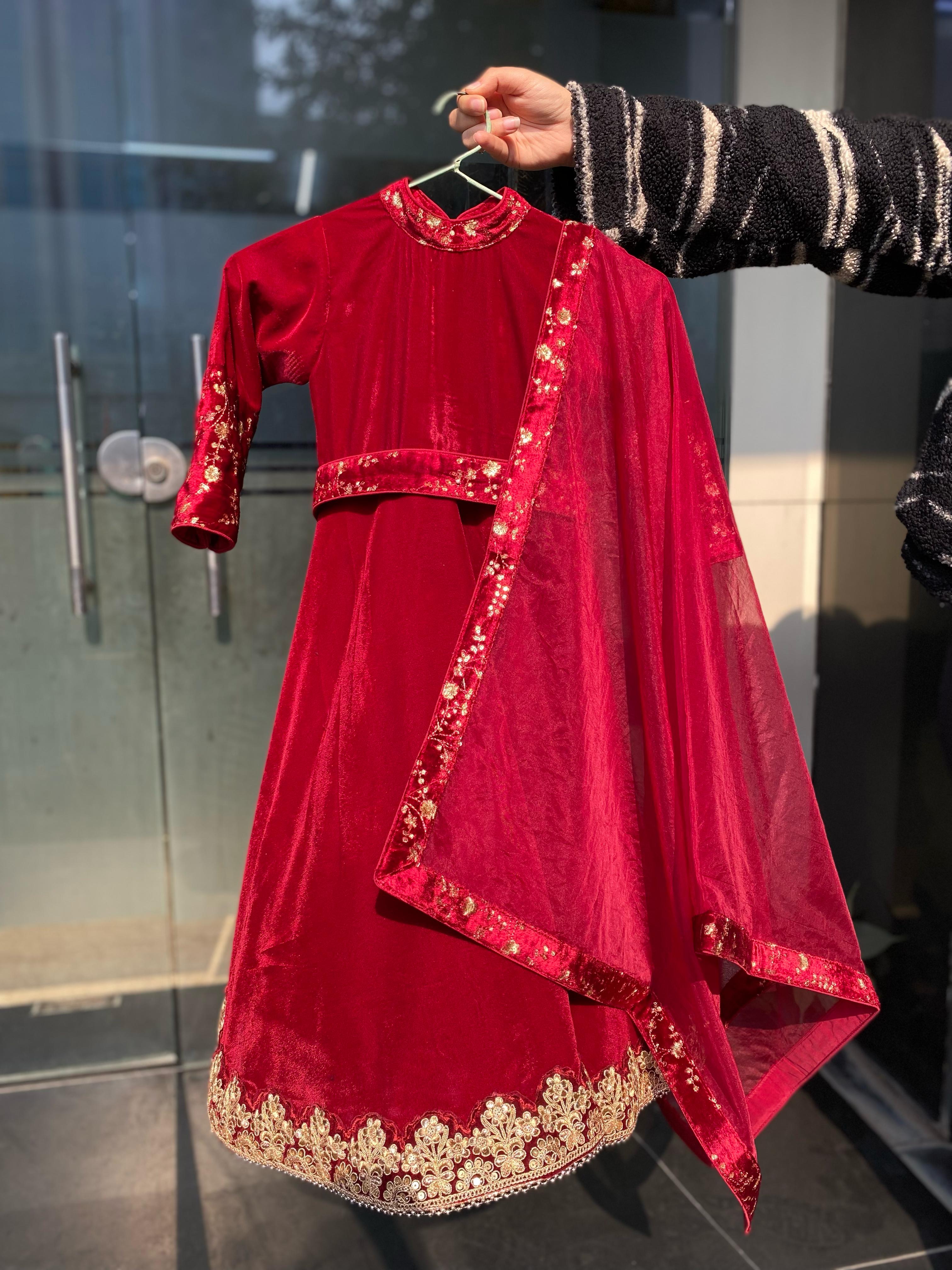 Maroon Velvet Kidswear Gown