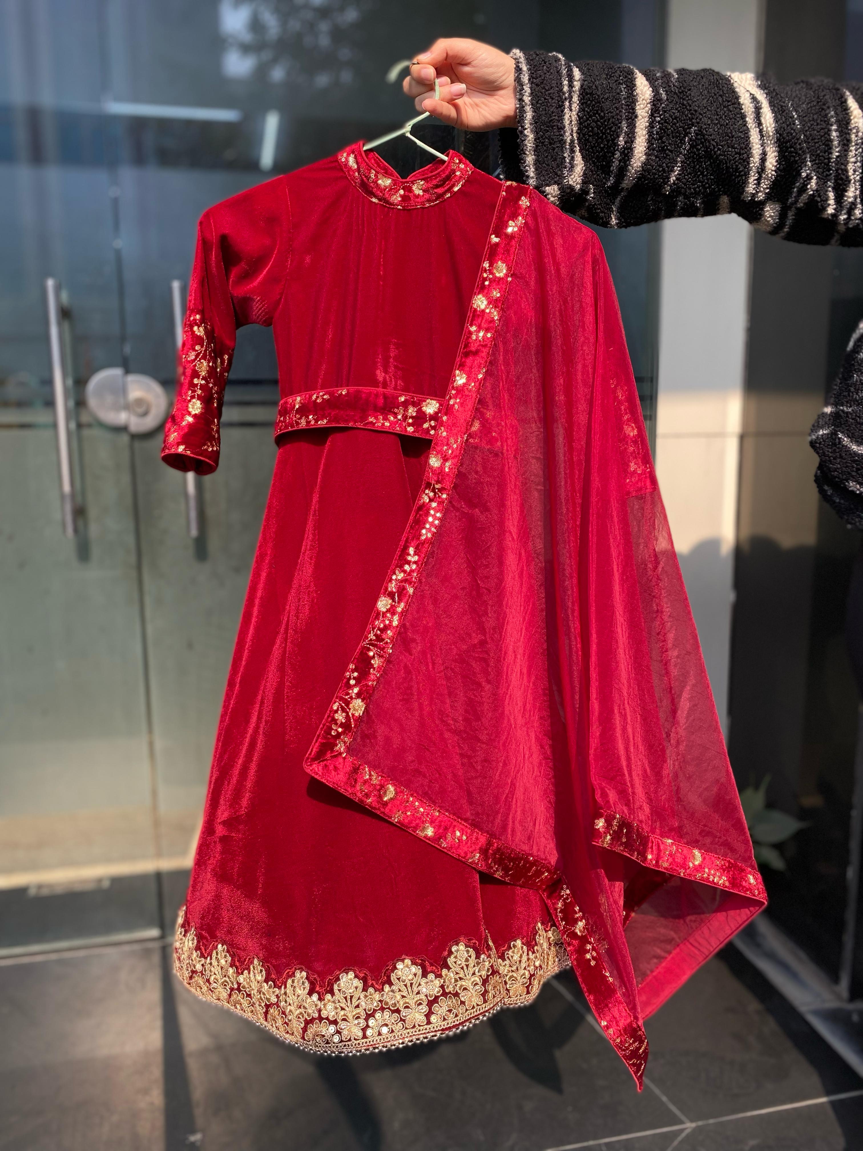 Maroon Velvet Kidswear Gown