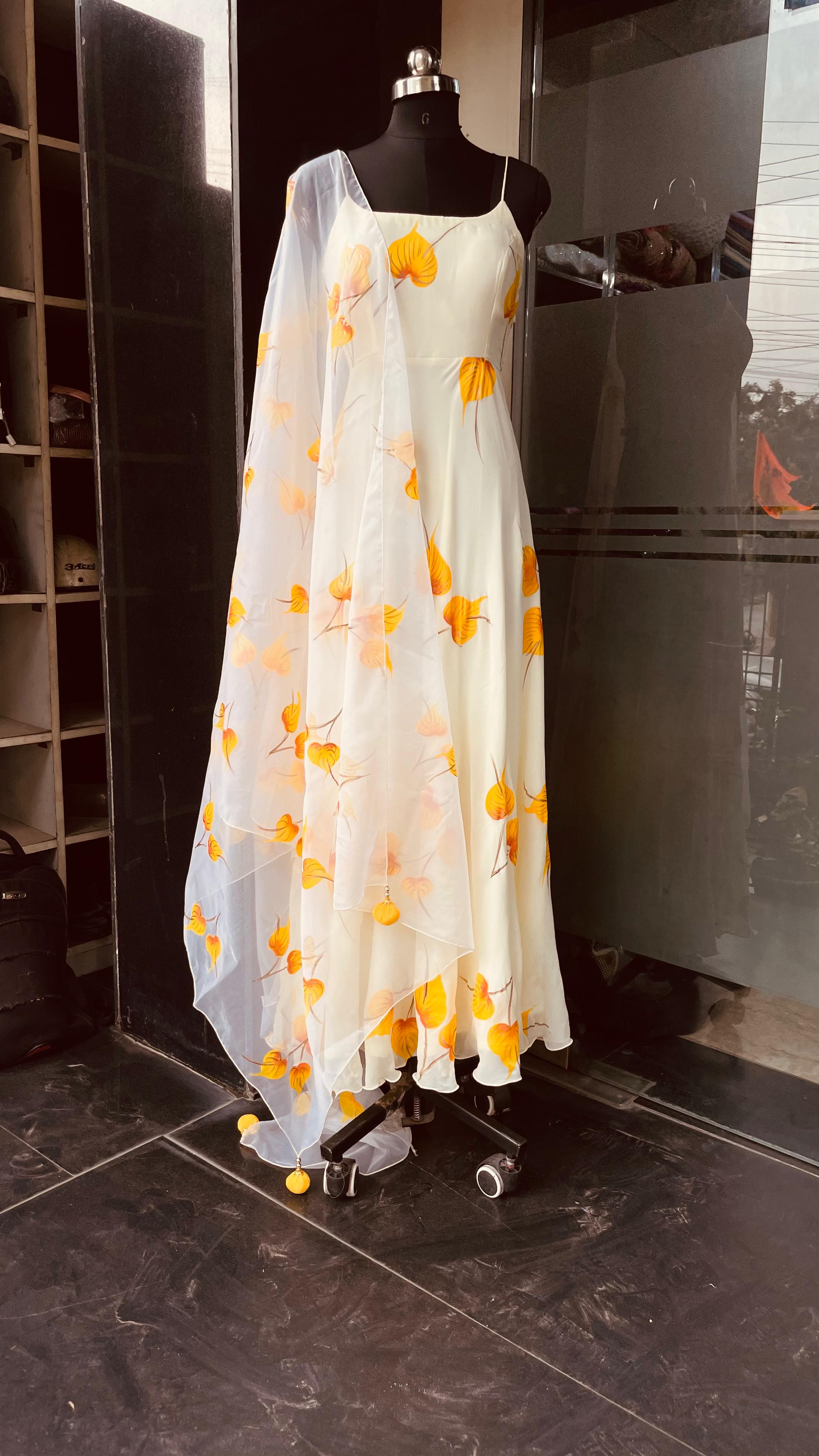 Cream Hand Painted Anarkali