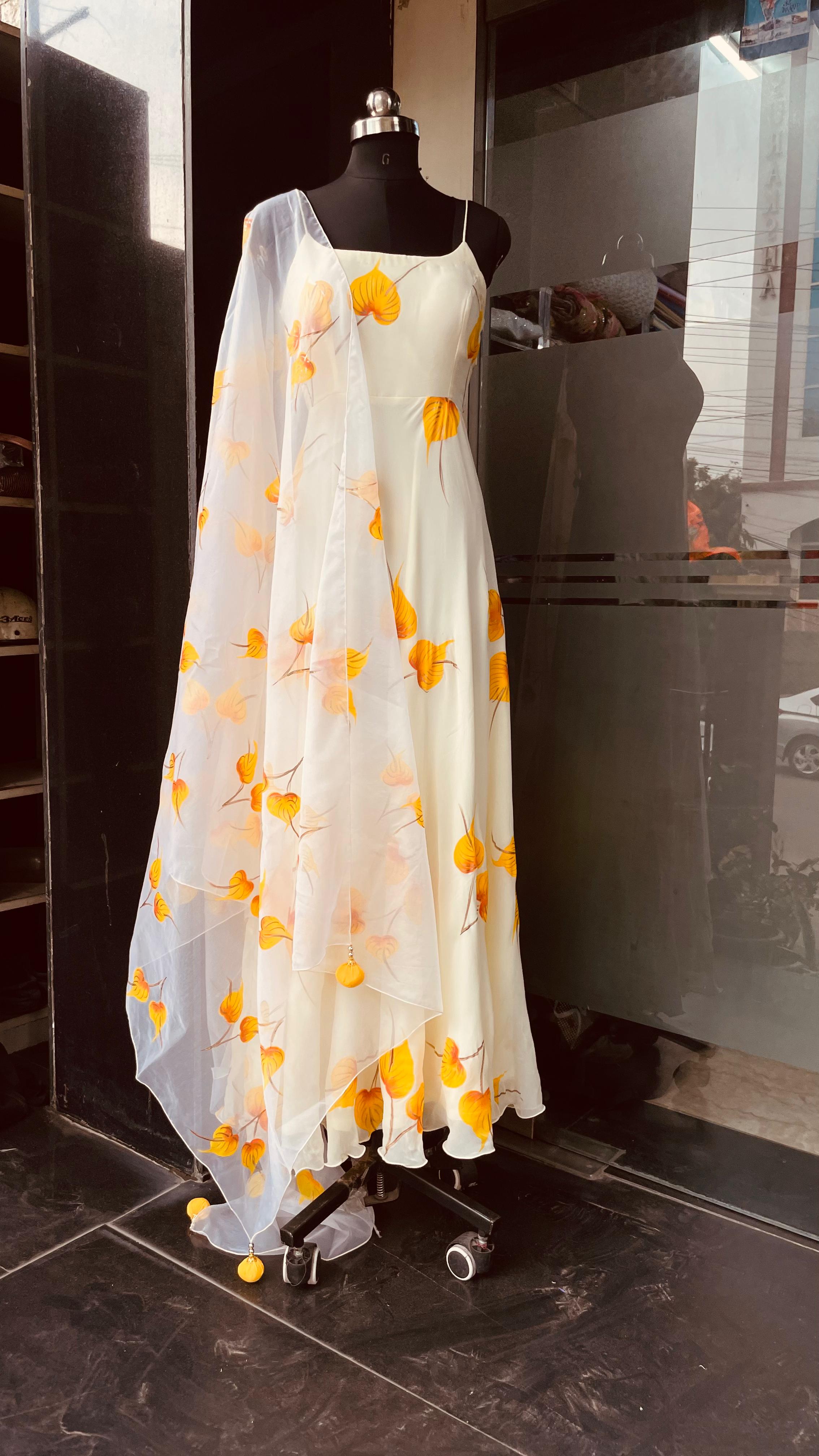 Cream Hand Painted Anarkali