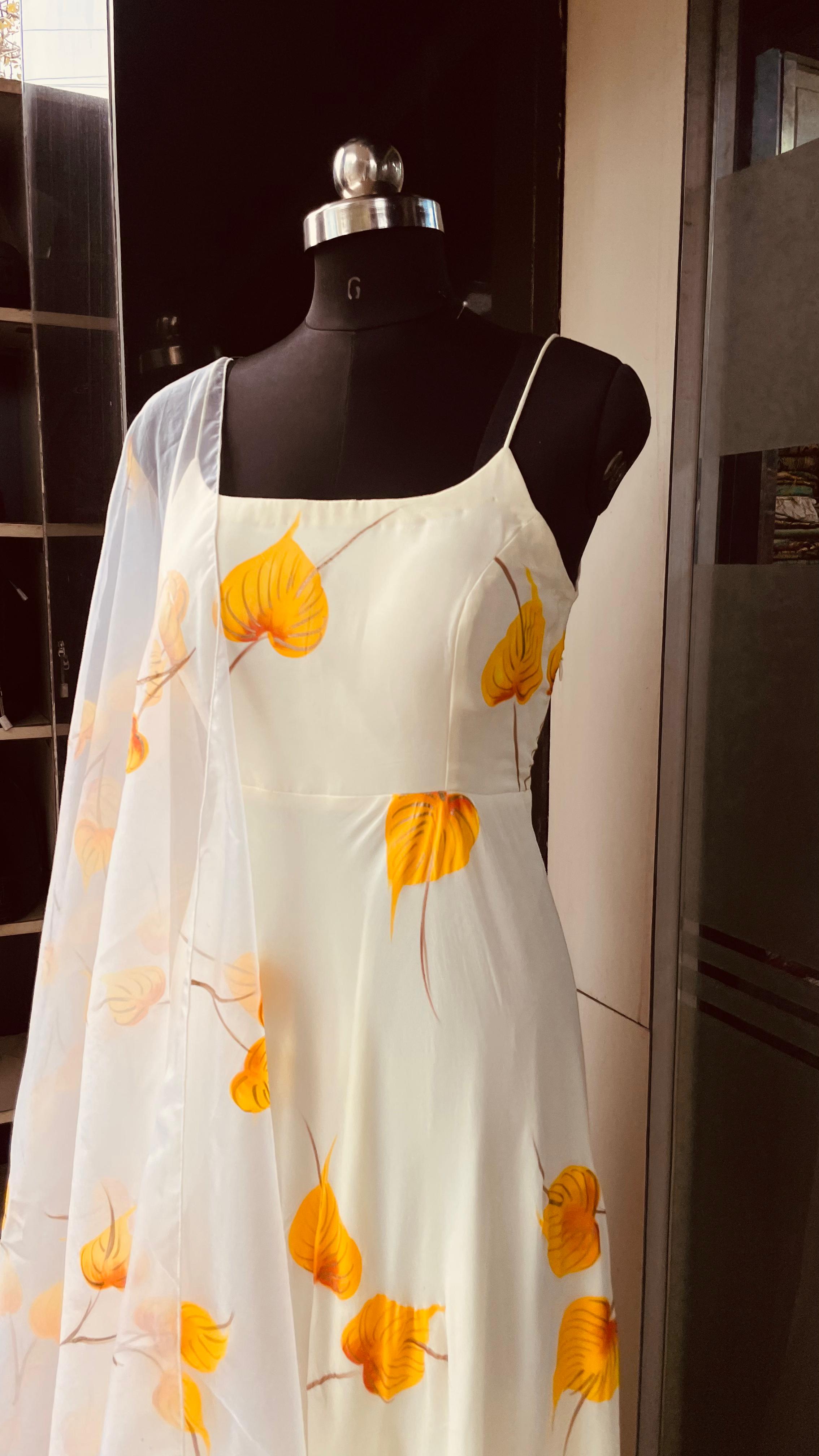 Cream Hand Painted Anarkali