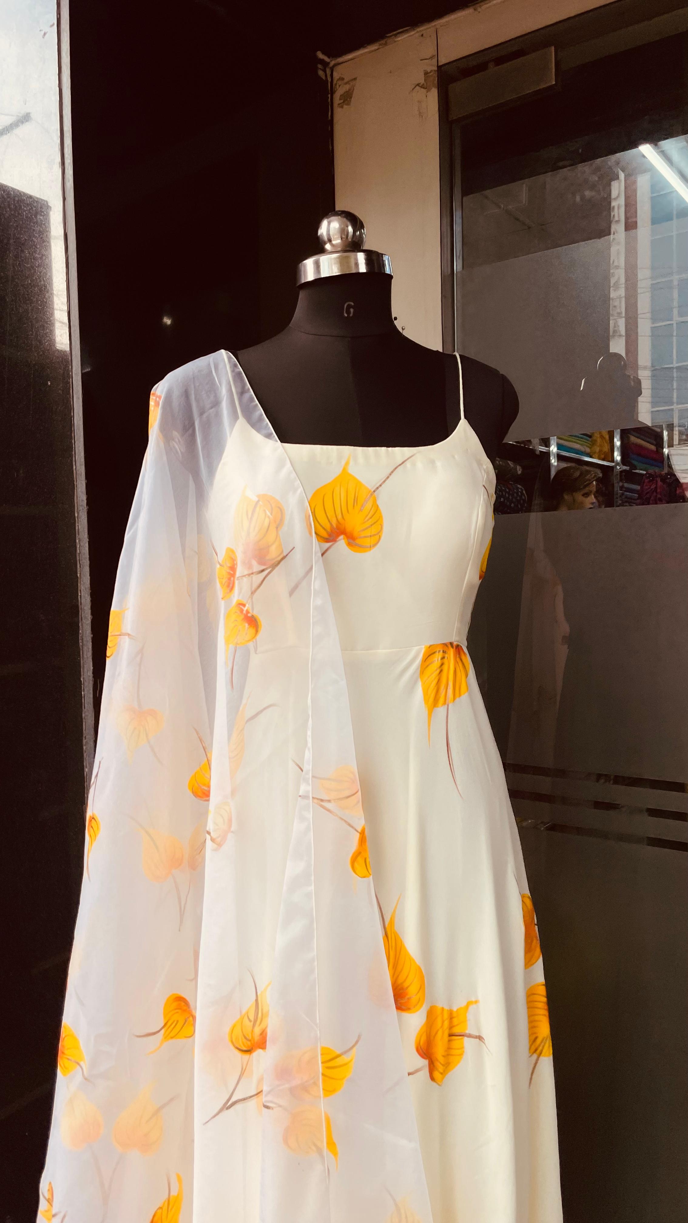 Cream Hand Painted Anarkali