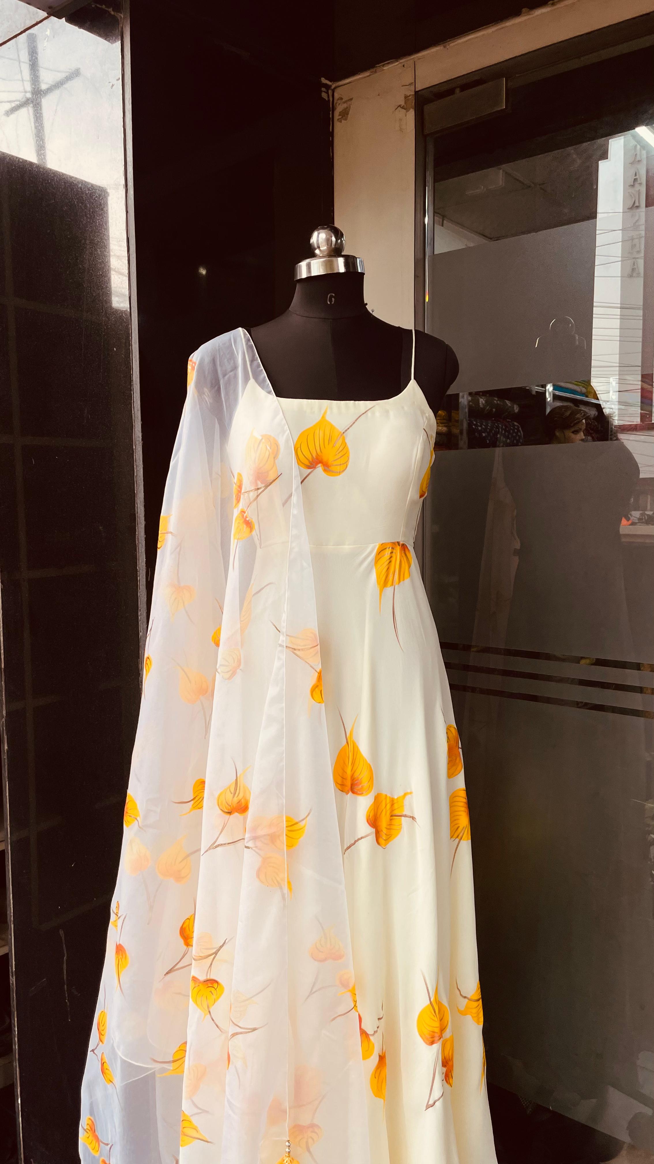 Cream Hand Painted Anarkali