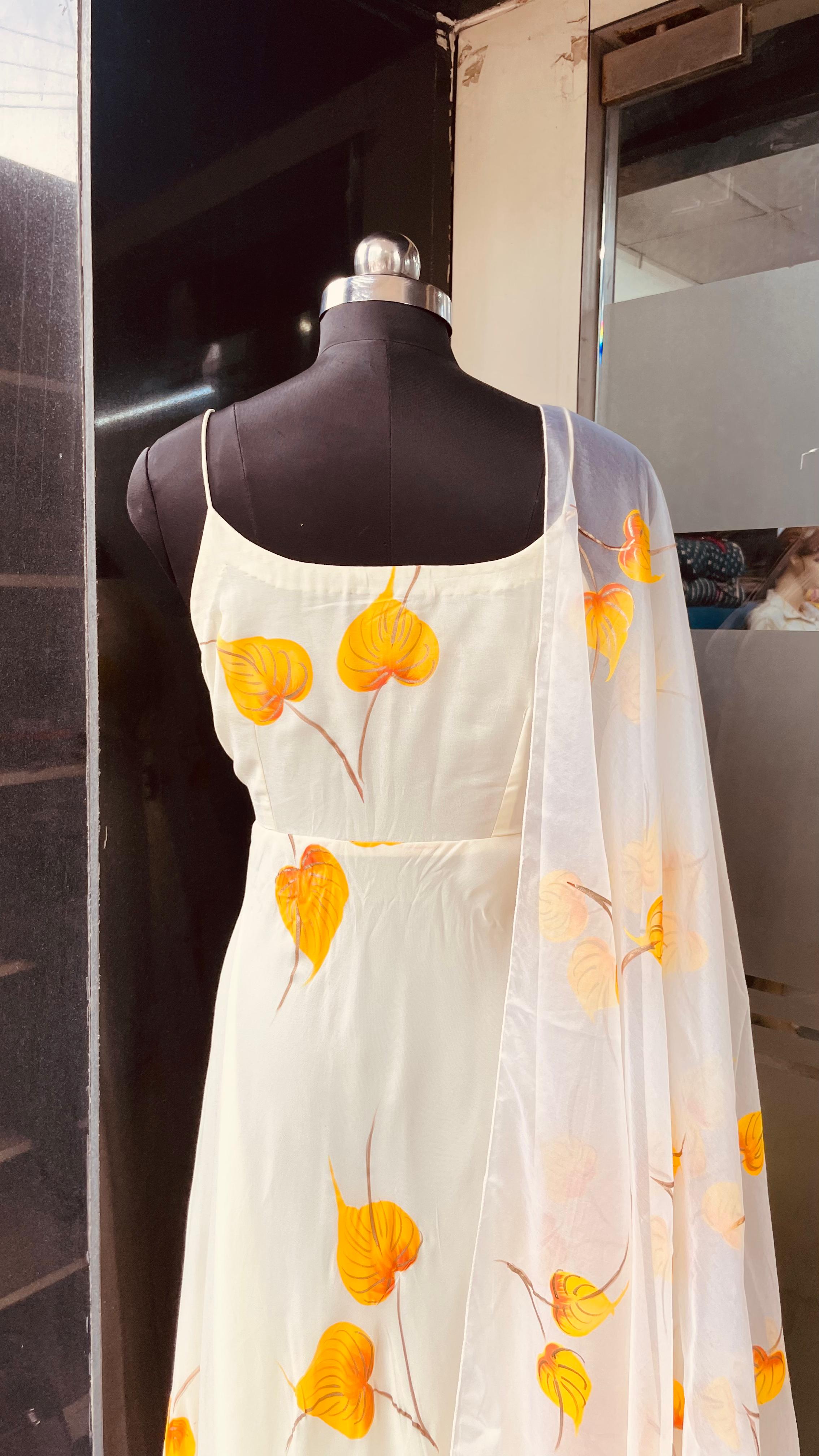 Cream Hand Painted Anarkali