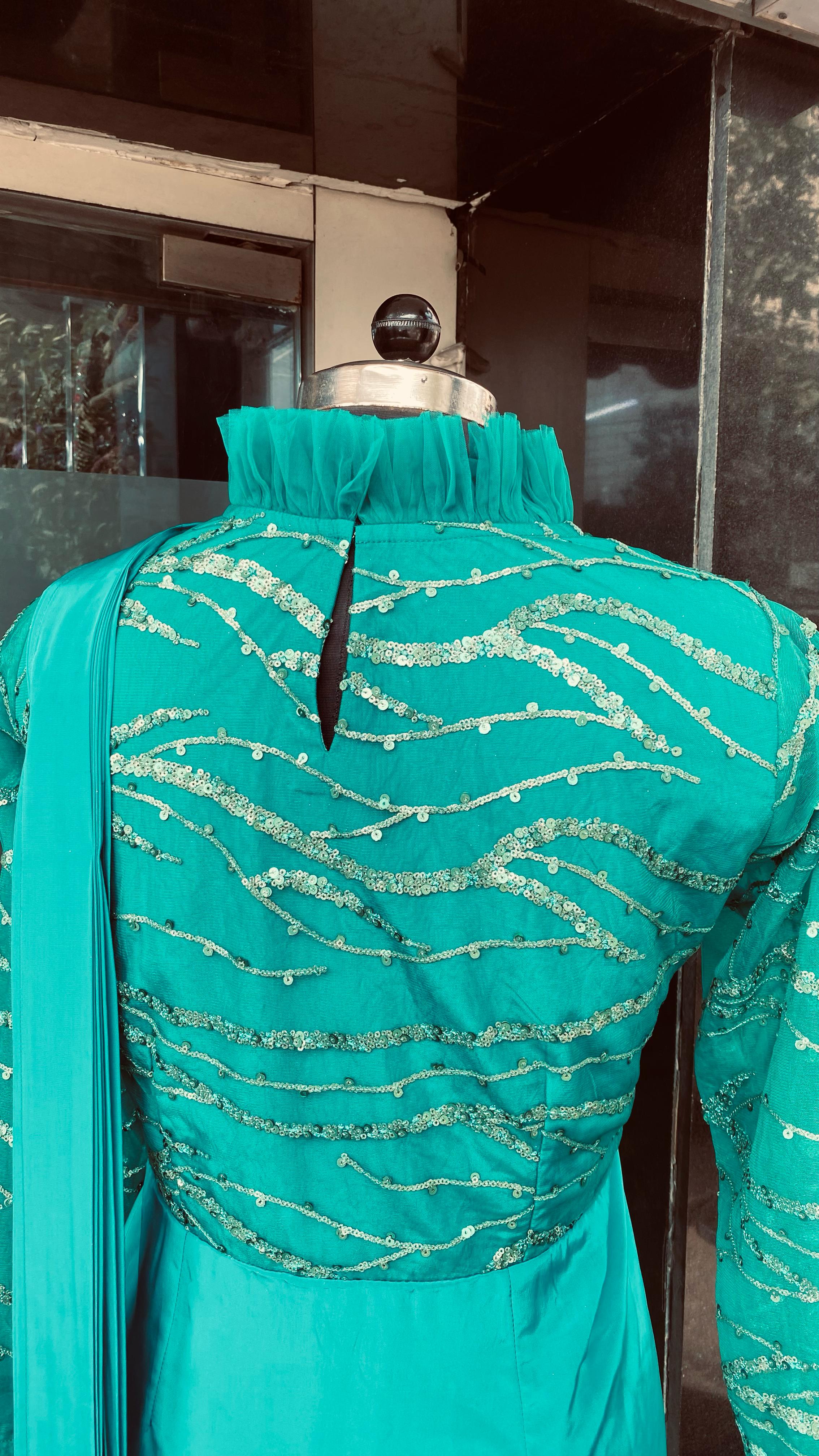 Teal Green Sequin Drape Saree