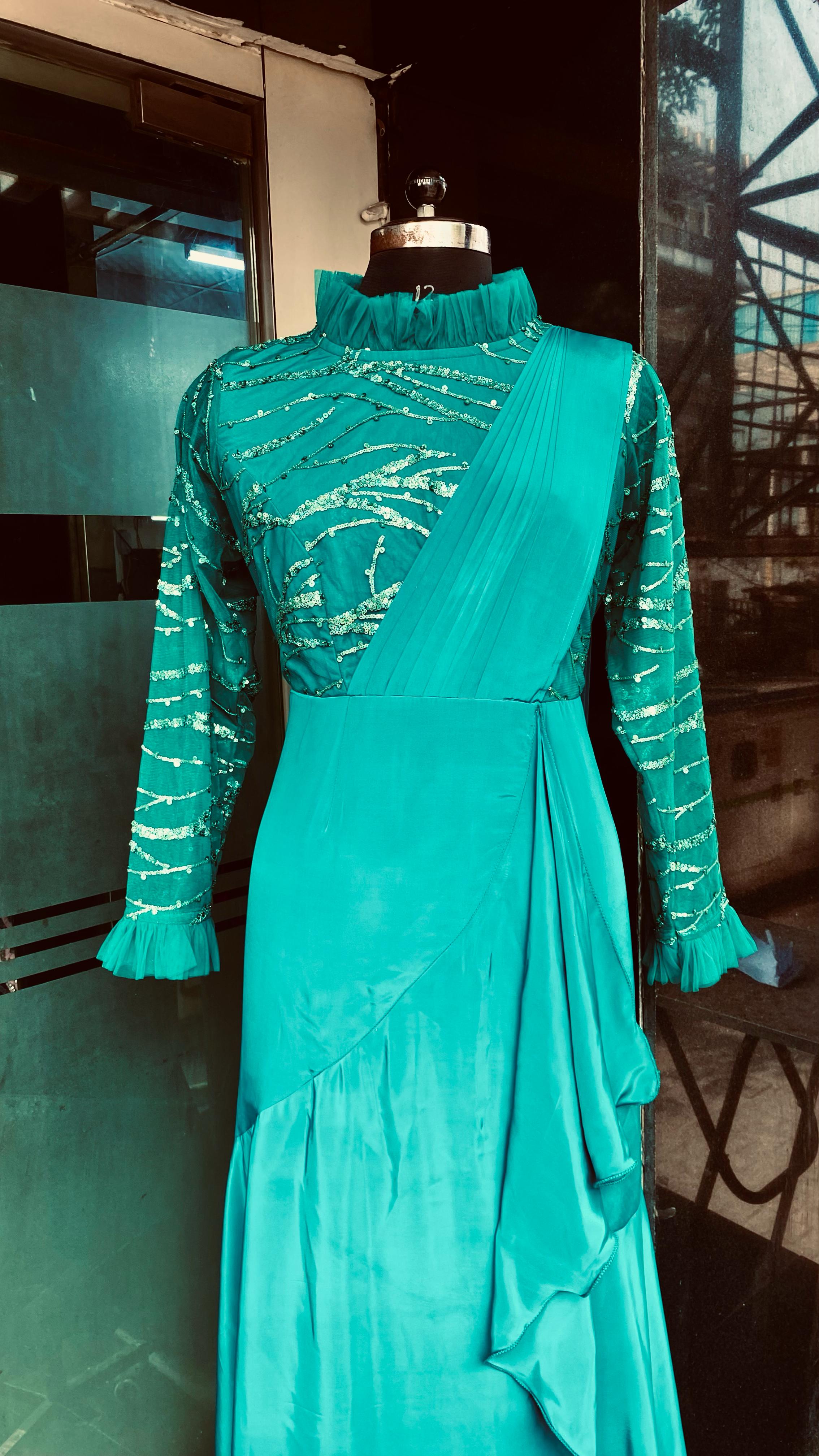 Teal Green Sequin Drape Saree