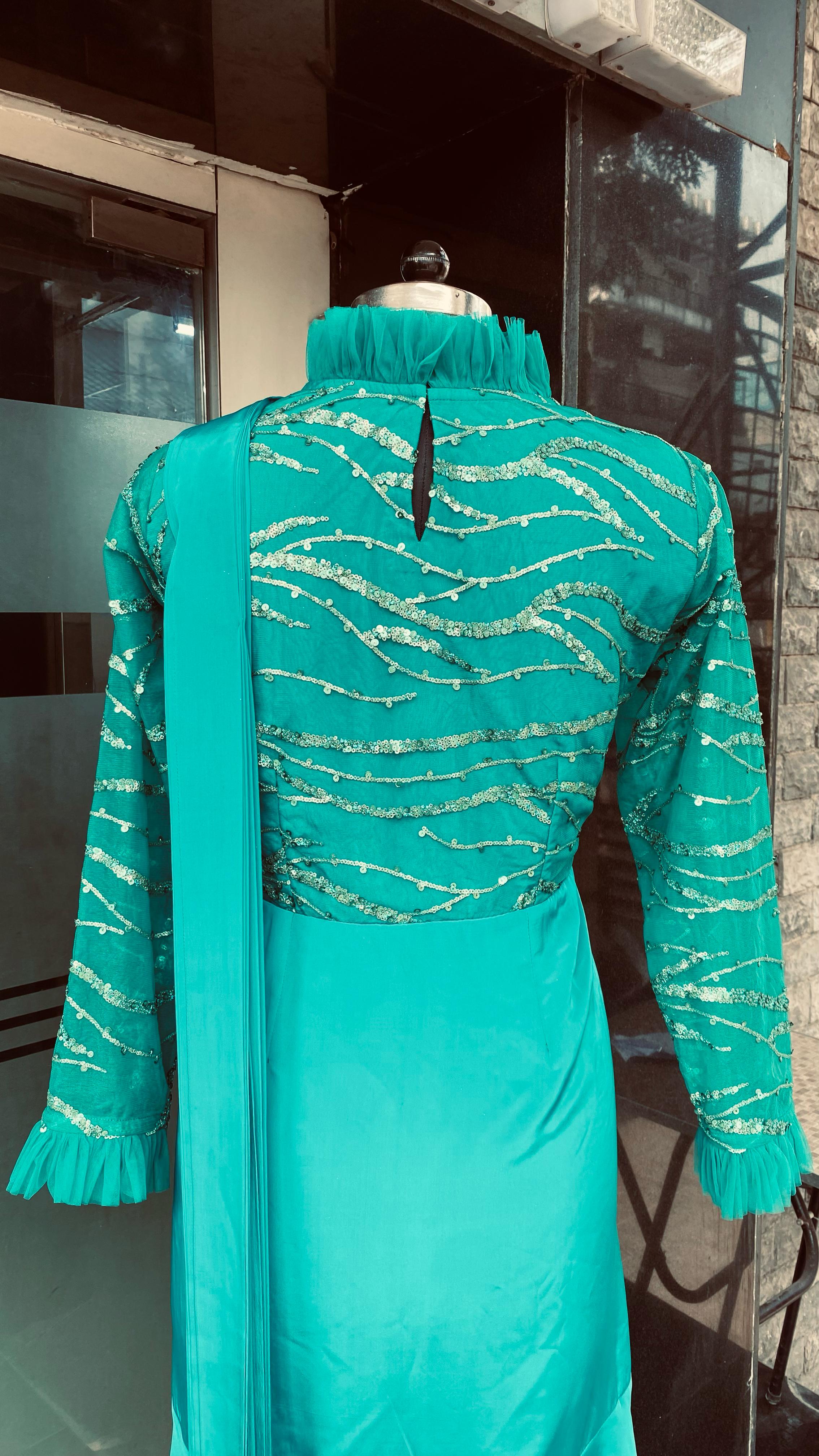 Teal Green Sequin Drape Saree