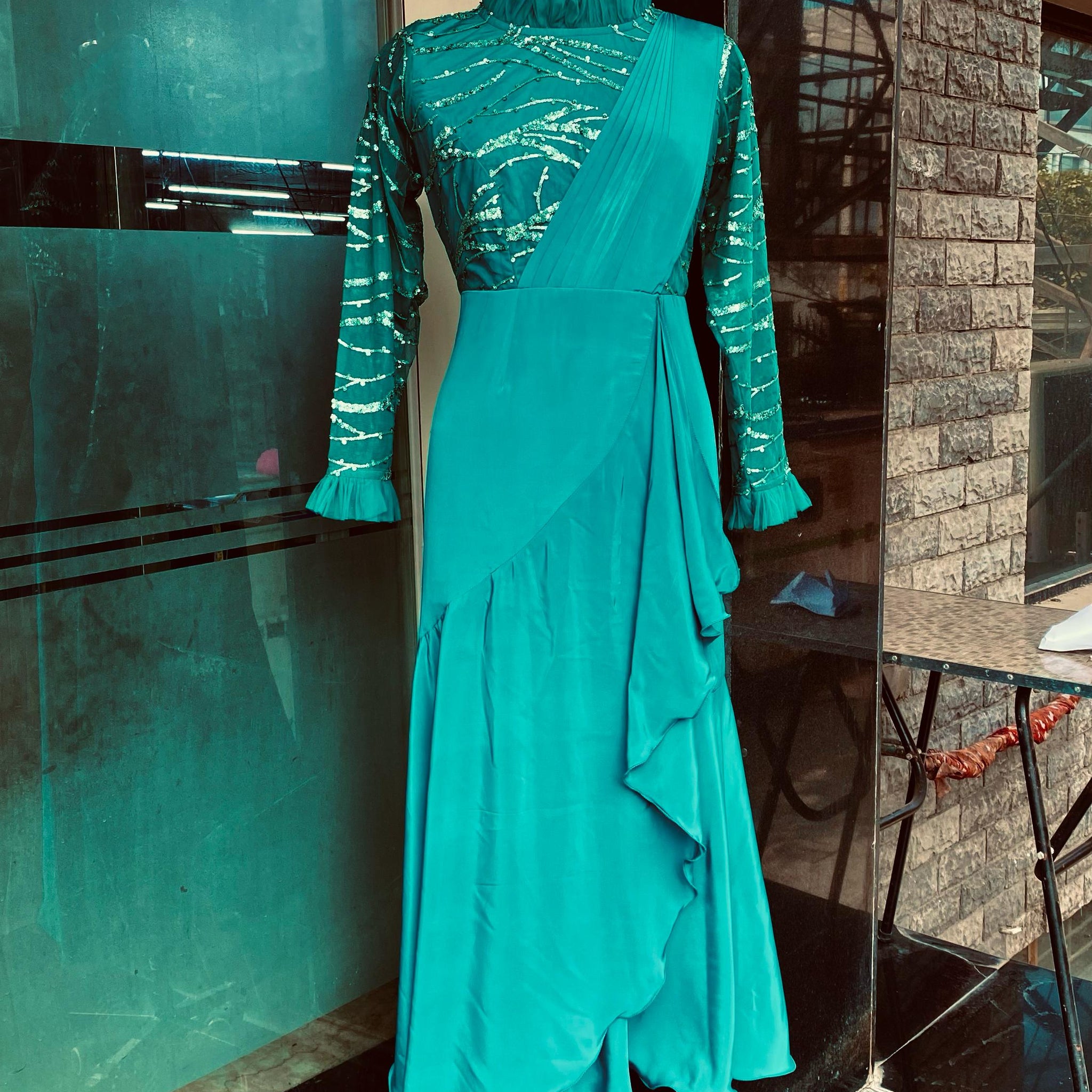 Teal Green Sequin Drape Saree