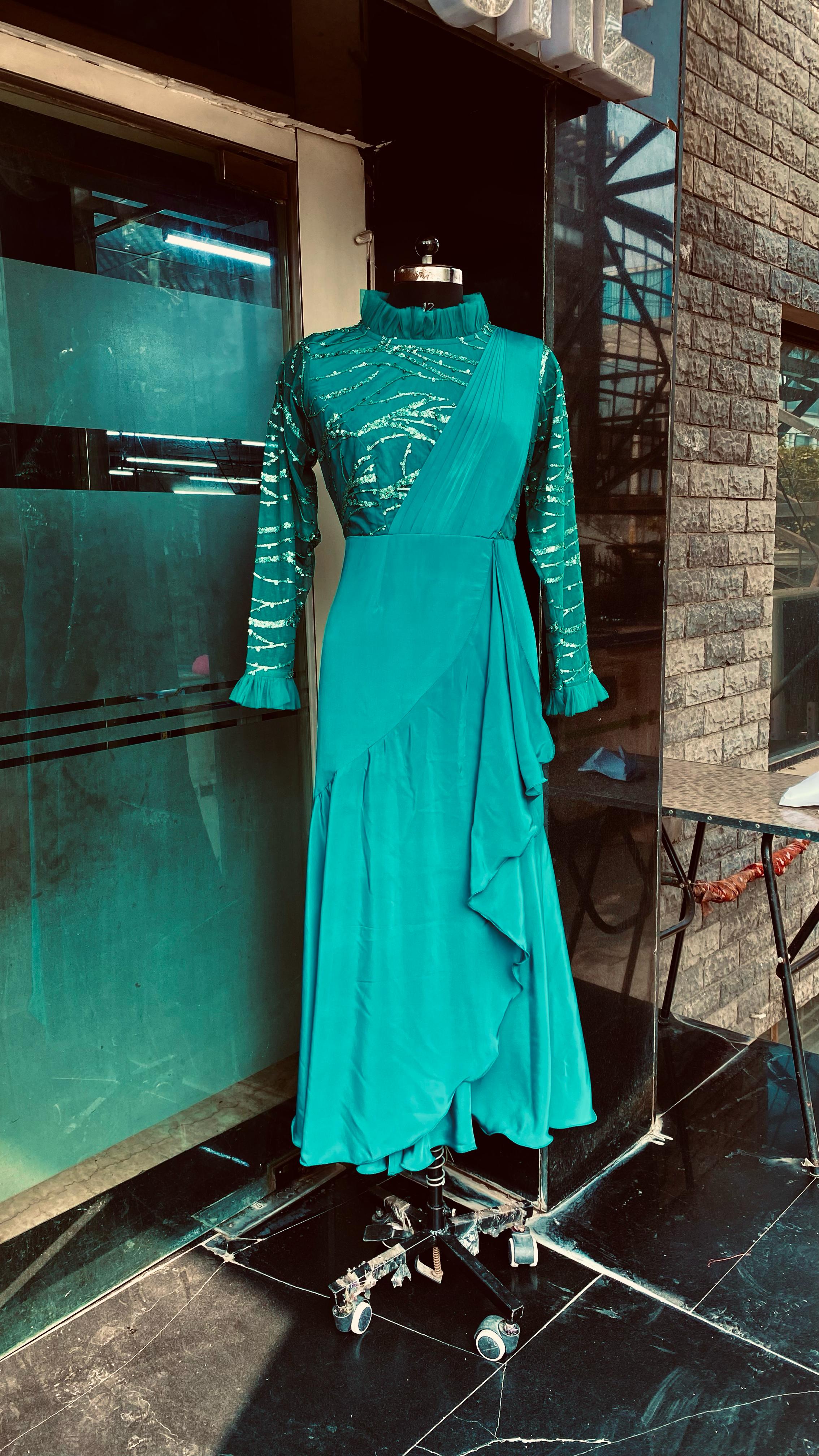 Teal Green Sequin Drape Saree