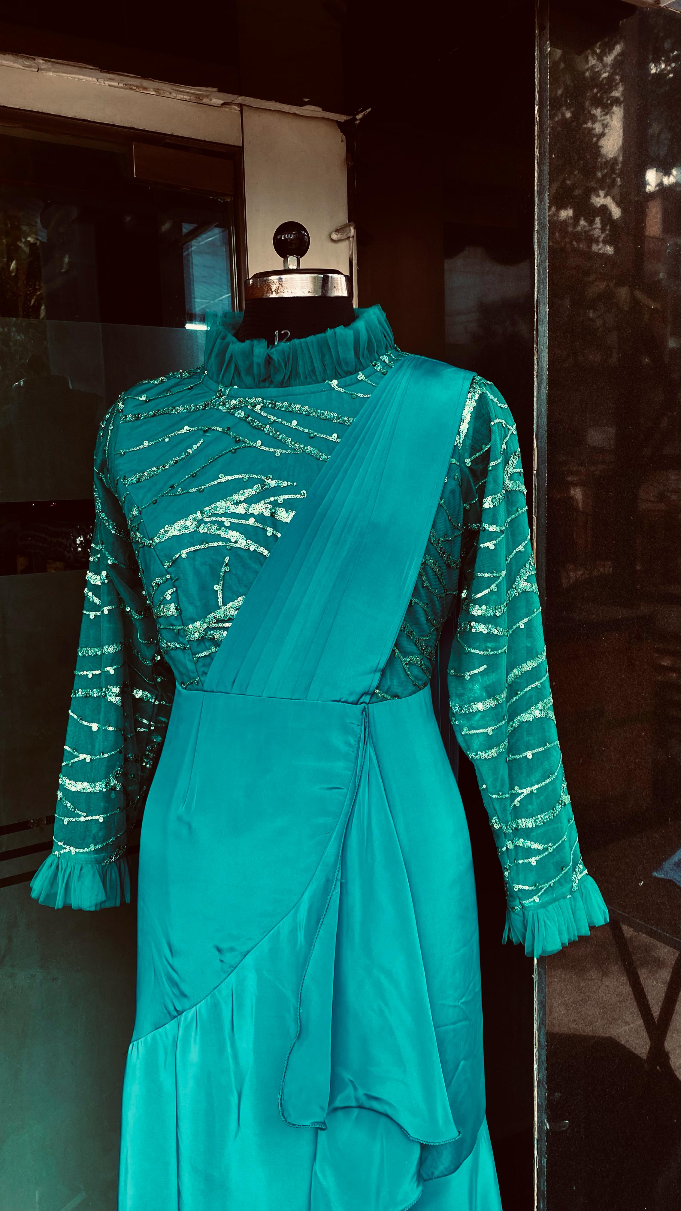 Teal Green Sequin Drape Saree