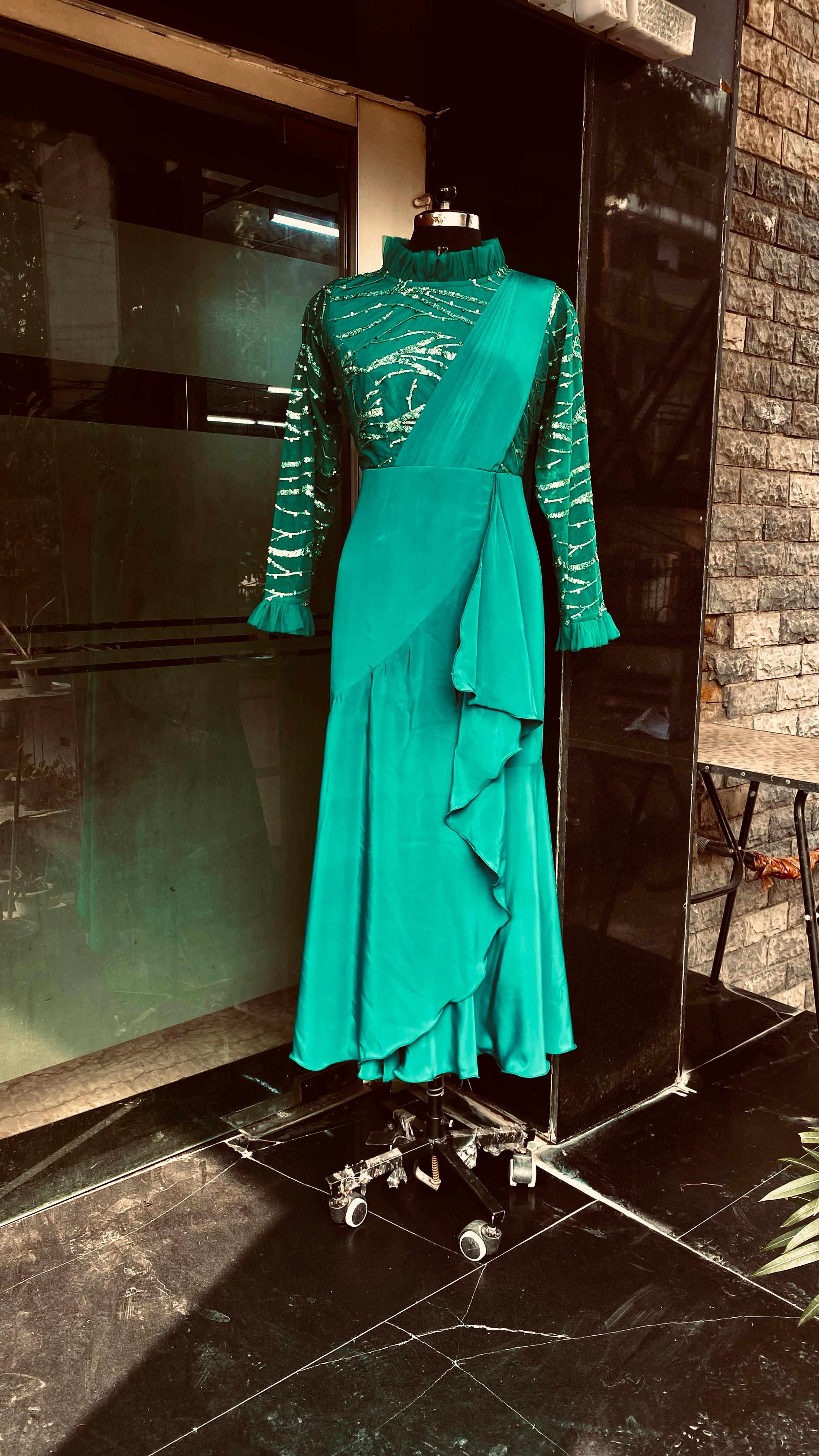 Teal Green Sequin Drape Saree