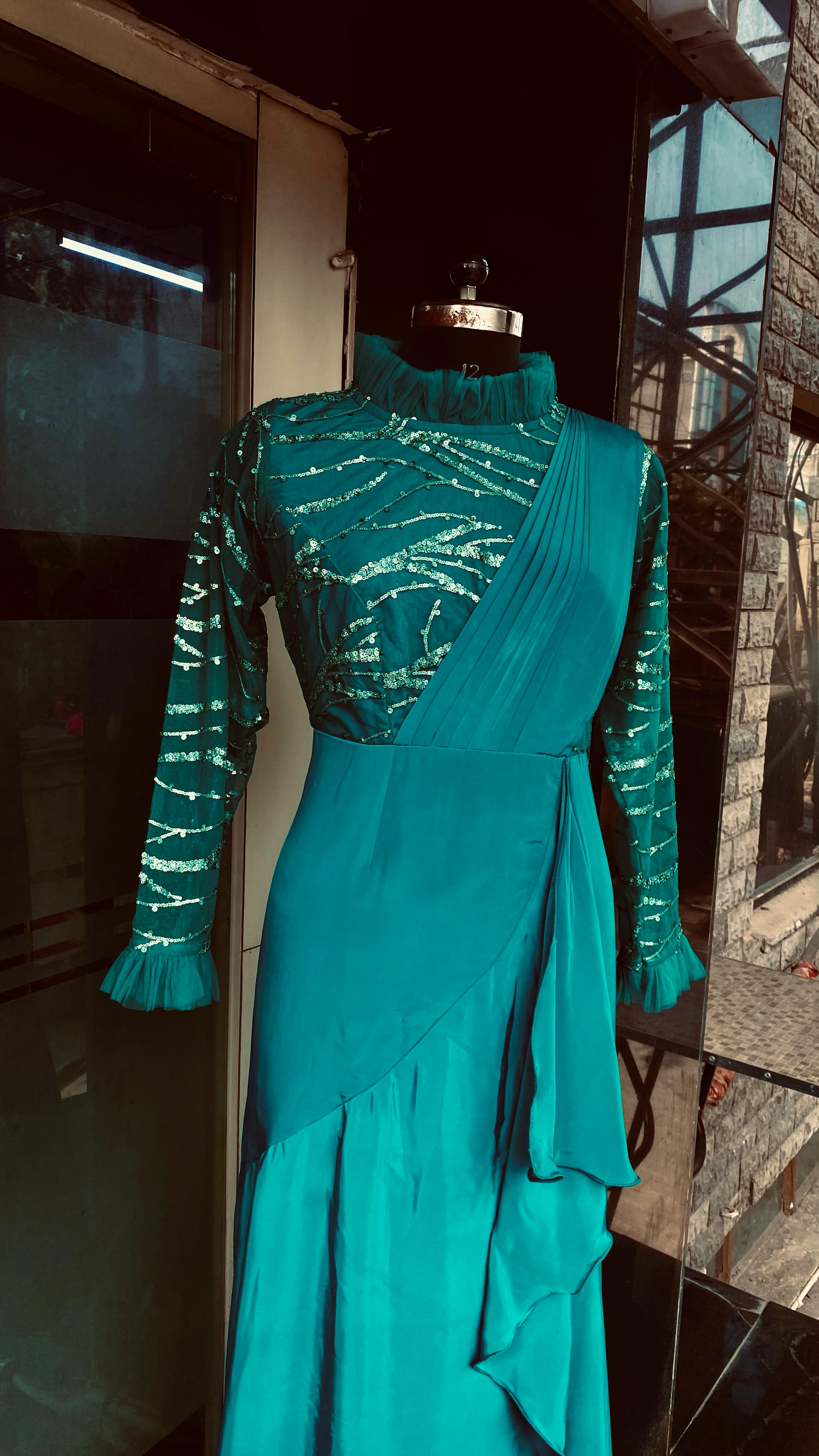 Teal Green Sequin Drape Saree