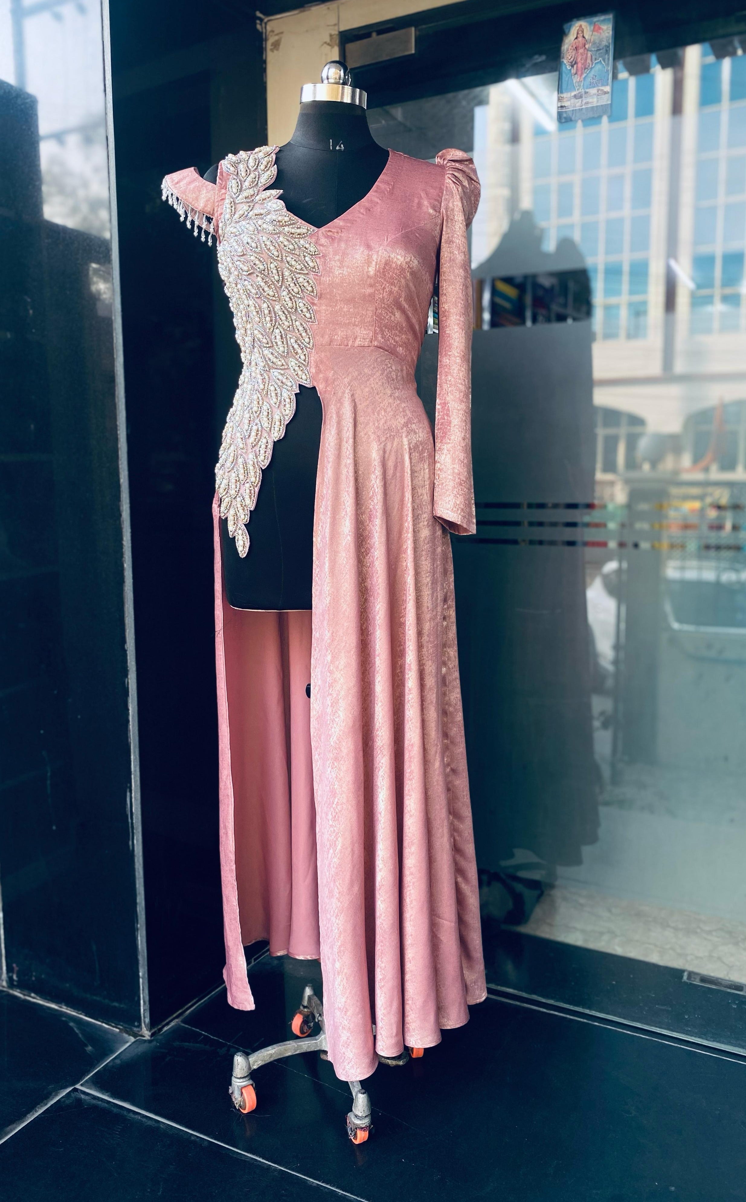 Rose Gold Feather Slit Top Co-ord WithÂ Pants