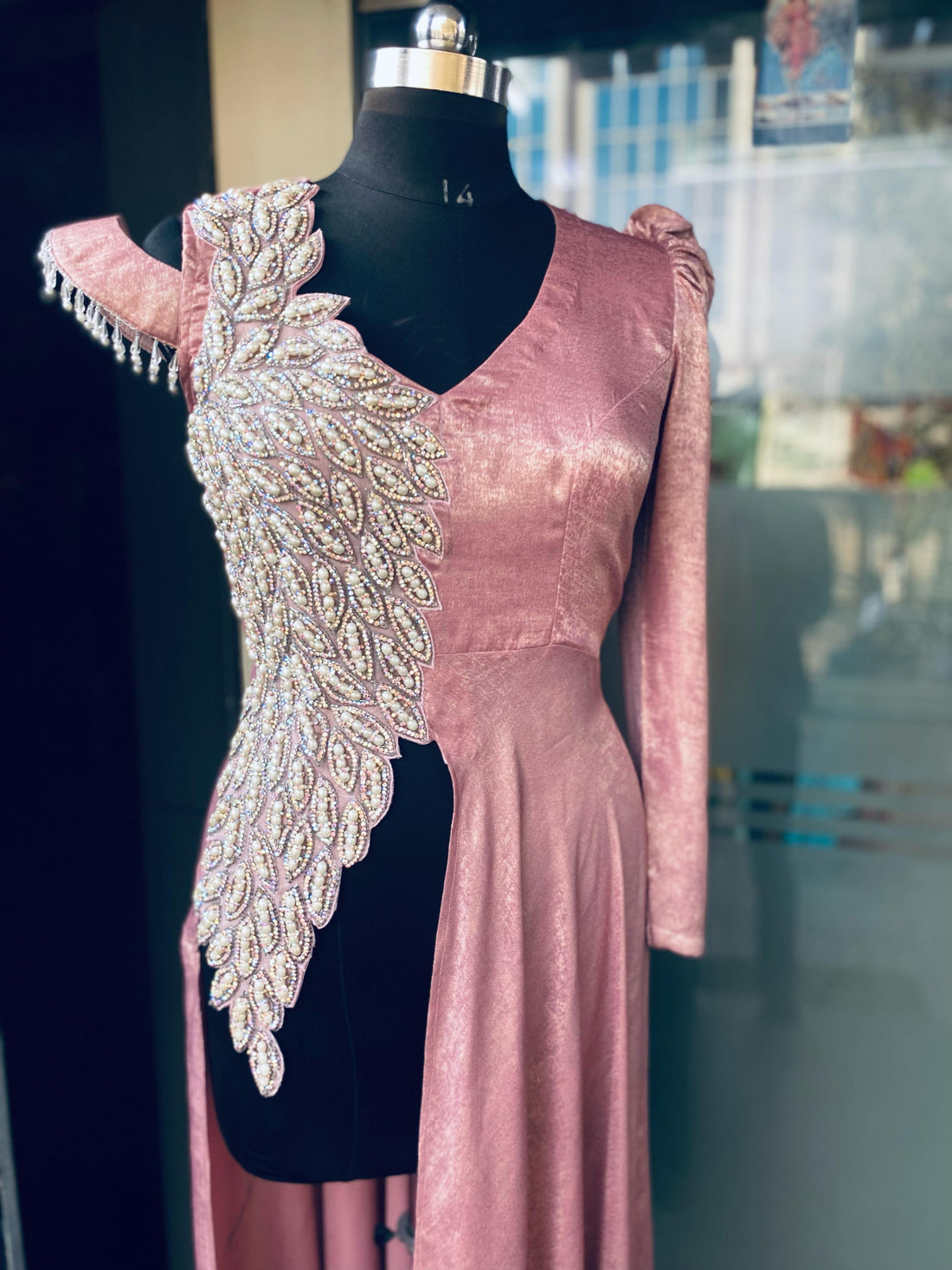 Rose Gold Feather Slit Top Co-ord WithÂ Pants