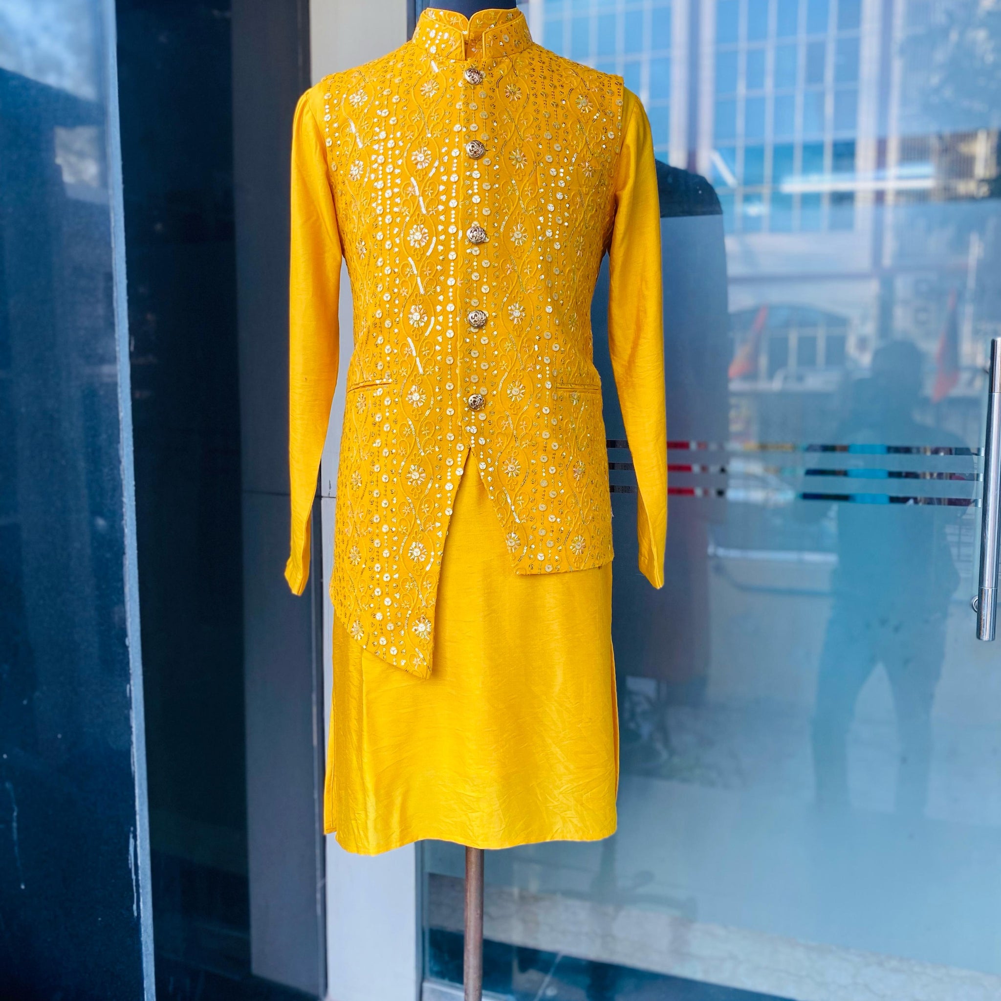 Menswear Yellow Waist Coat & Yellow Kurta Set