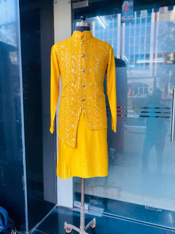 Menswear Yellow Waist Coat & Yellow Kurta Set