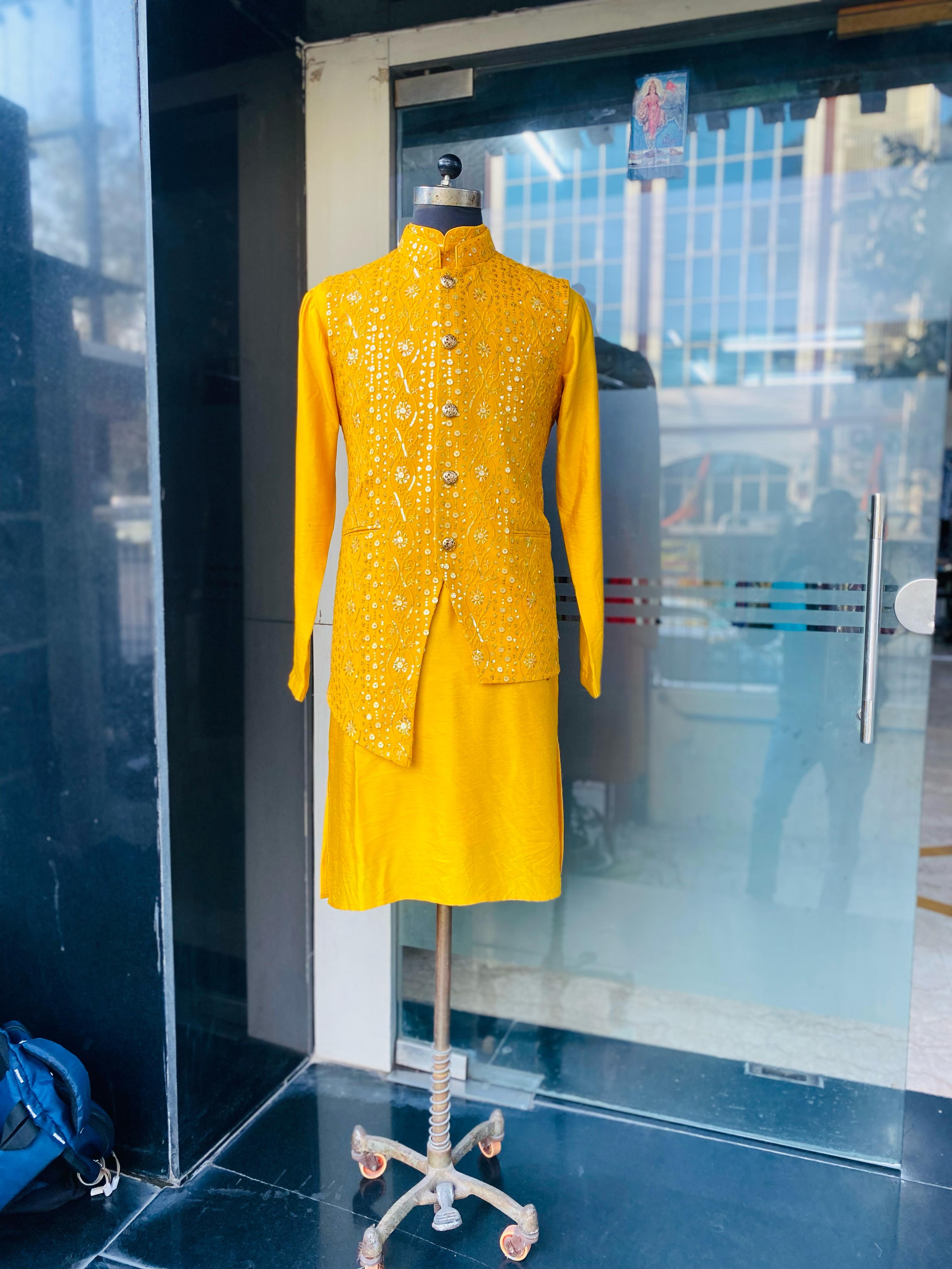 Menswear Yellow Waist Coat & Yellow Kurta Set