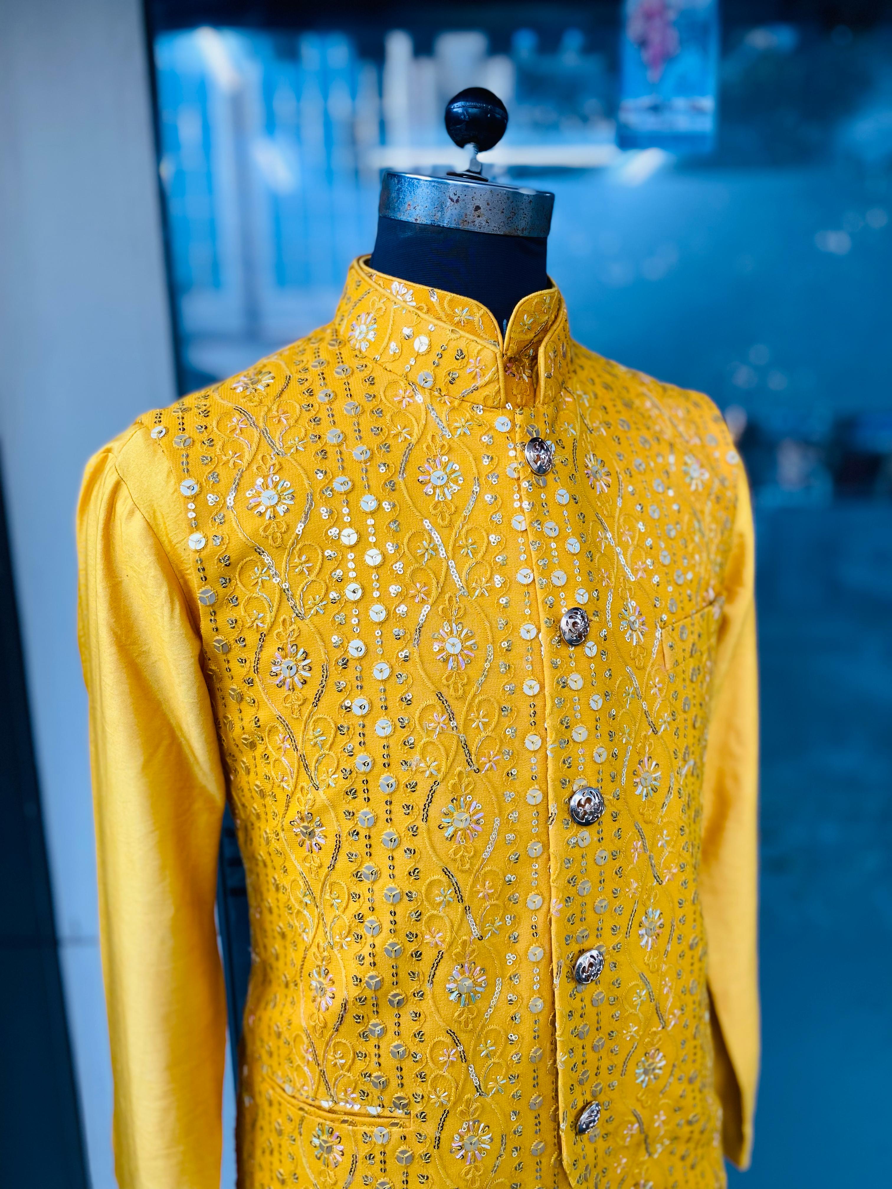 Menswear Yellow Waist Coat & Yellow Kurta Set