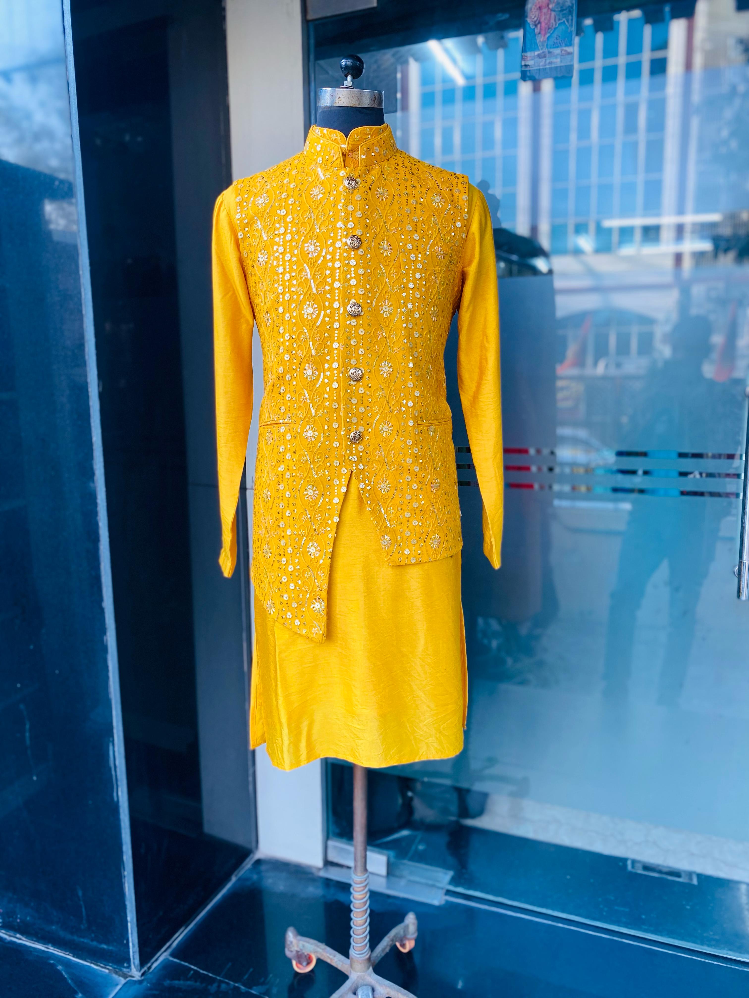 Menswear Yellow Waist Coat & Yellow Kurta Set