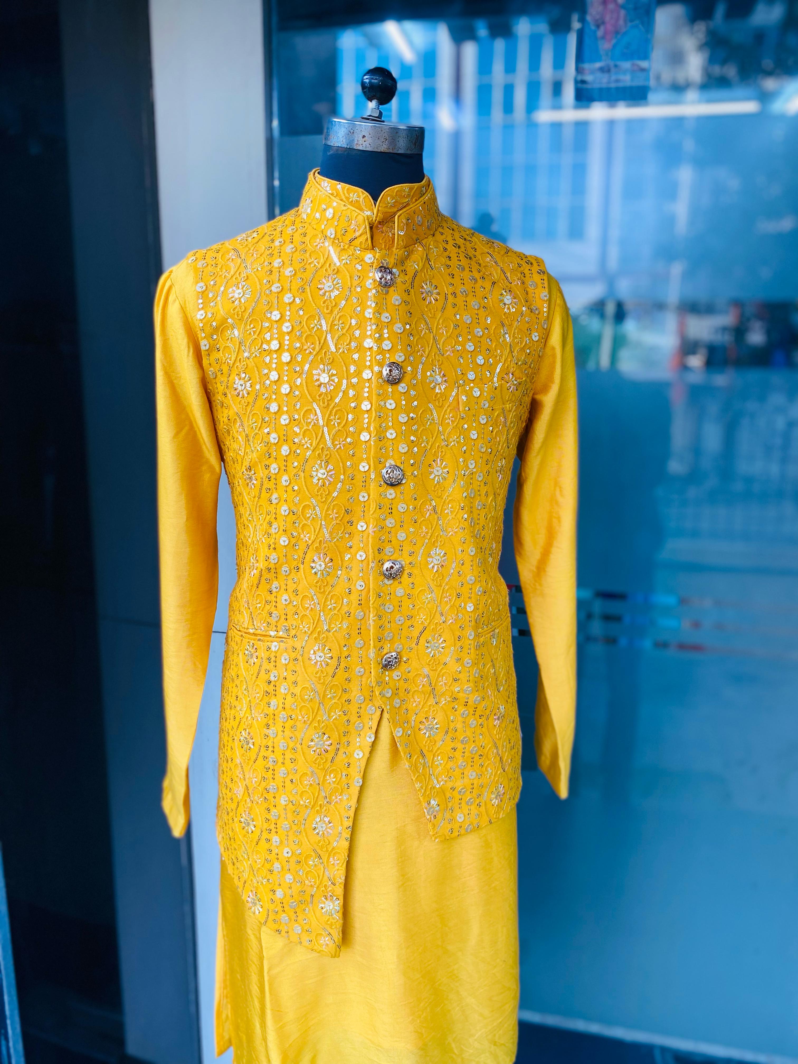 Menswear Yellow Waist Coat & Yellow Kurta Set