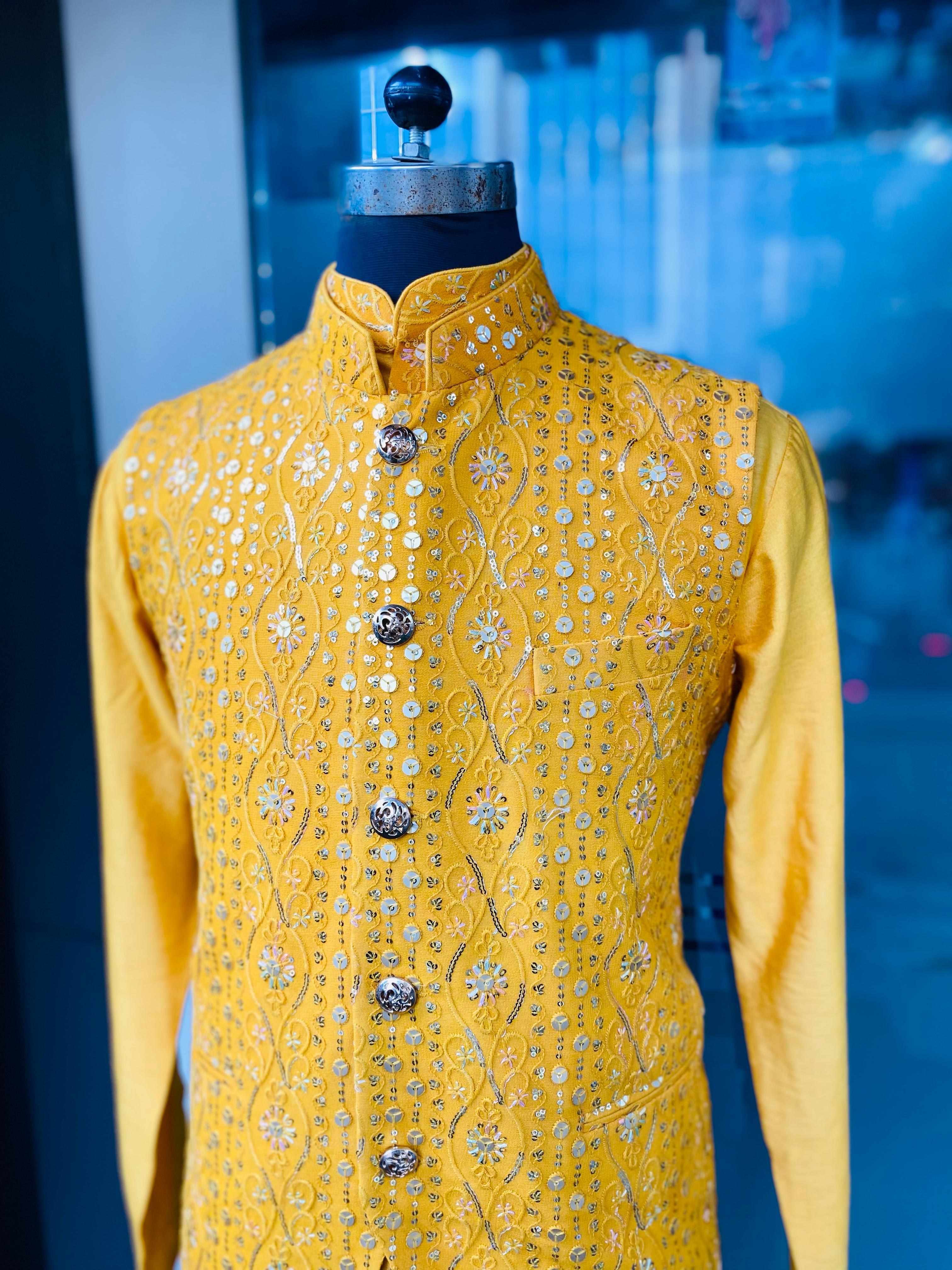 Menswear Yellow Waist Coat & Yellow Kurta Set