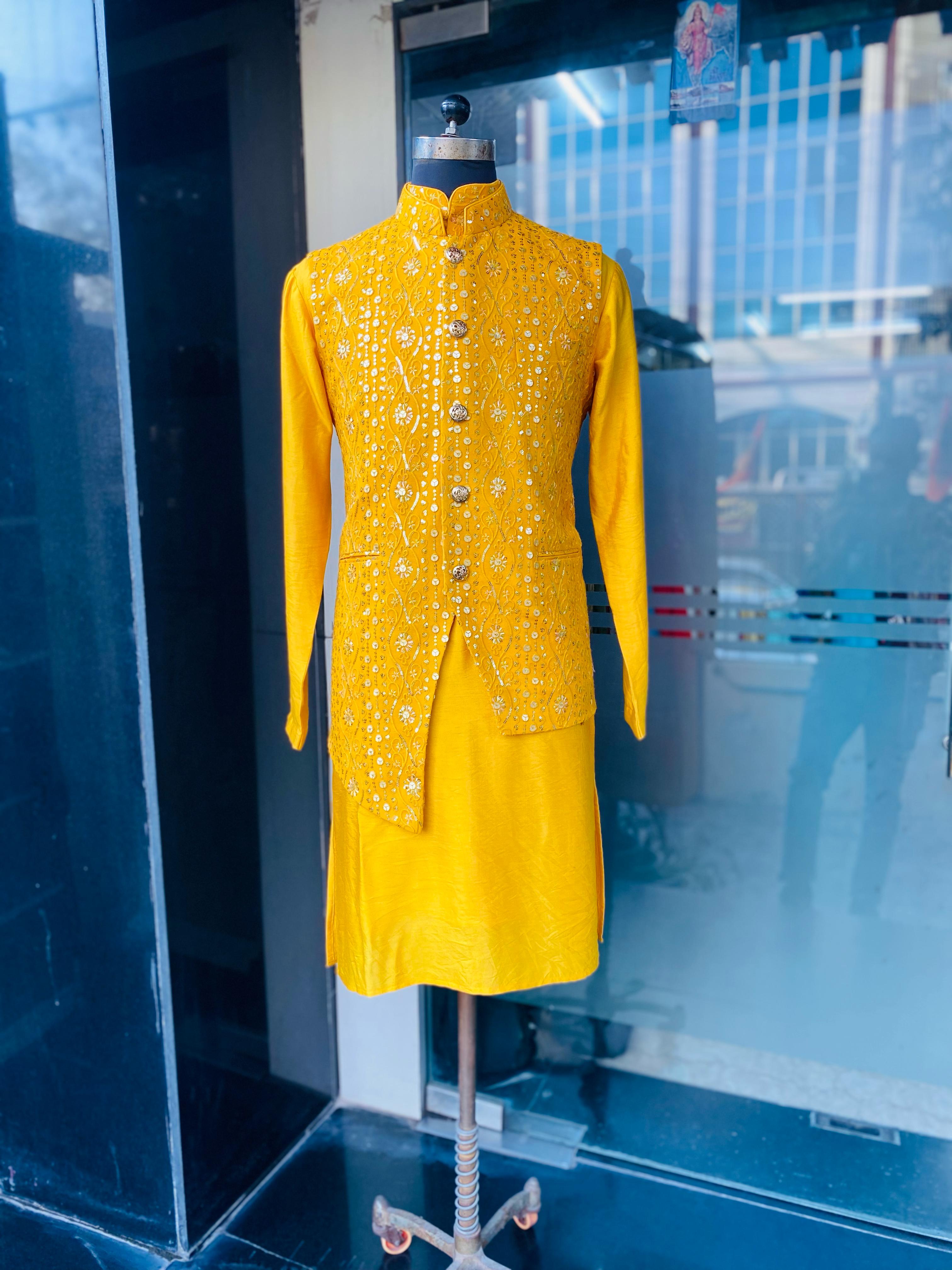Menswear Yellow Waist Coat & Yellow Kurta Set