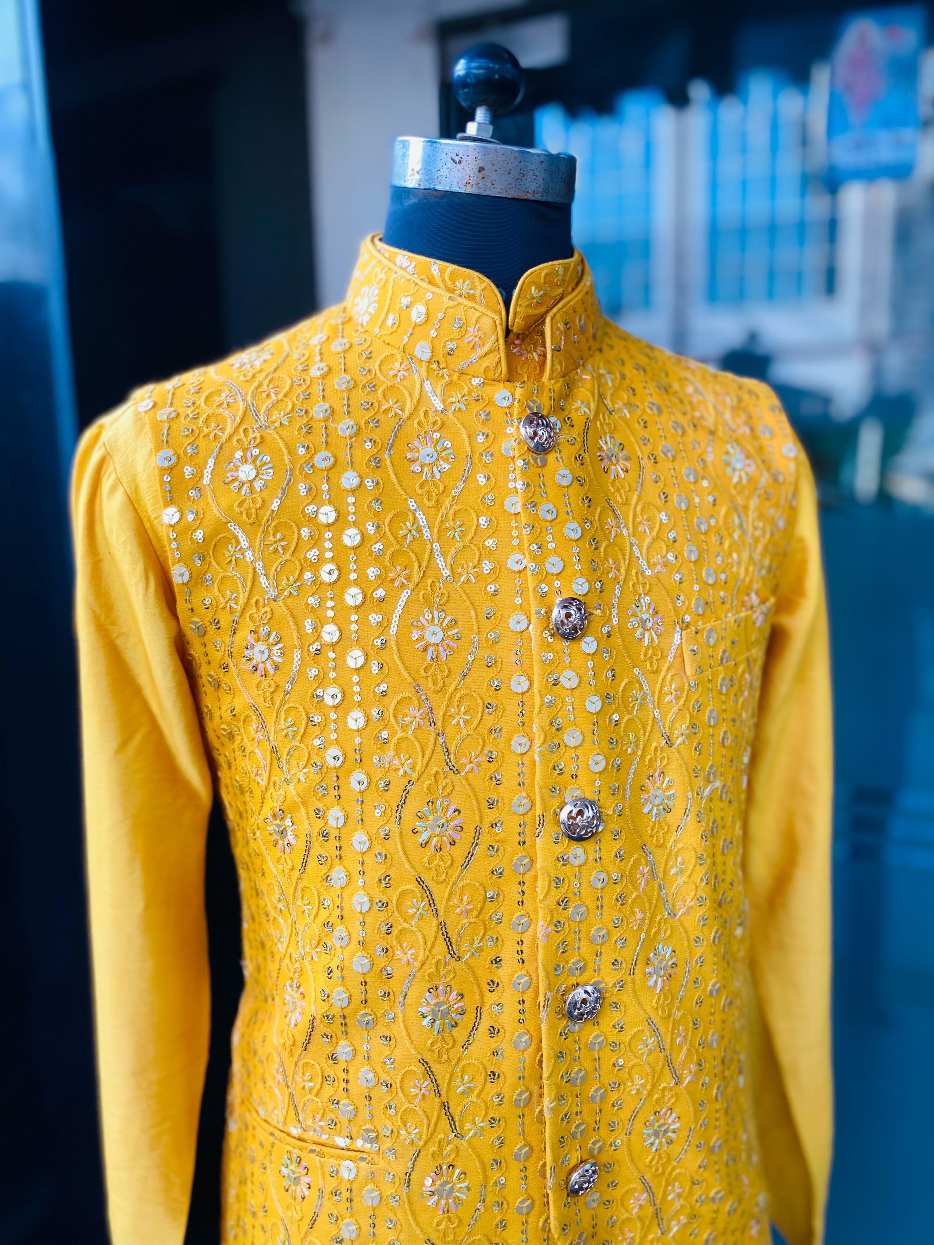 Menswear Yellow Waist Coat & Yellow Kurta Set