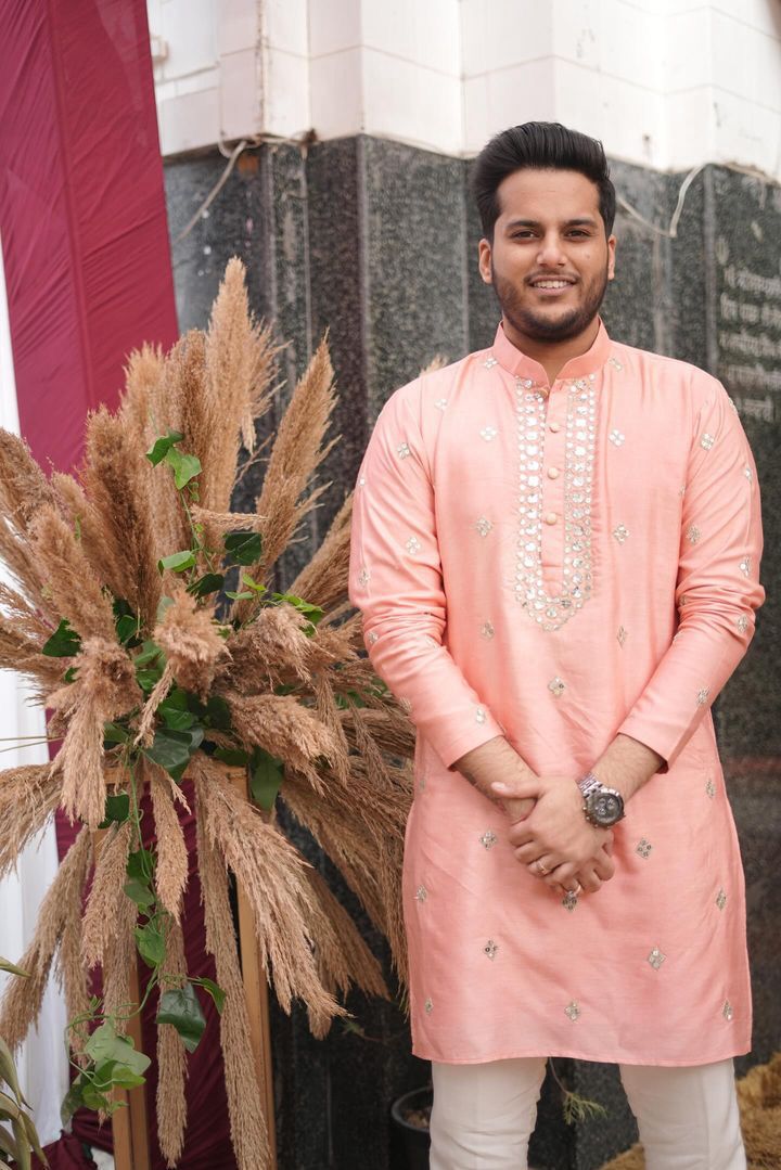 Menswear Peach Faux Mirror Handwork Kurta Set