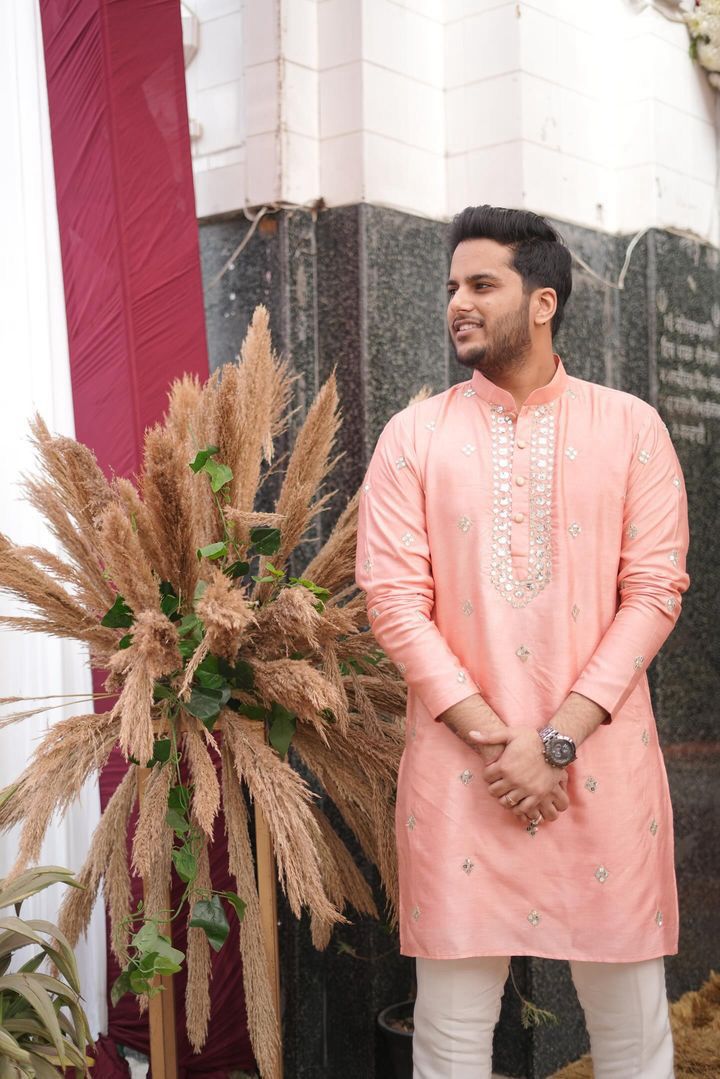 Menswear Peach Faux Mirror Handwork Kurta Set
