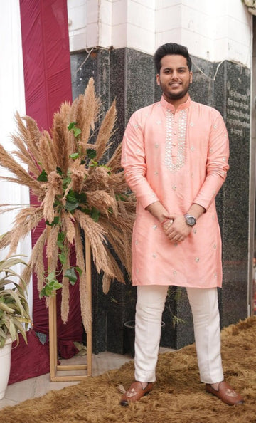 Menswear Peach Faux Mirror Handwork Kurta Set