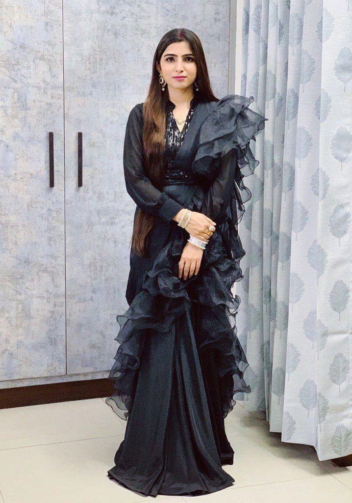 Black Sequin Drape Saree Gown