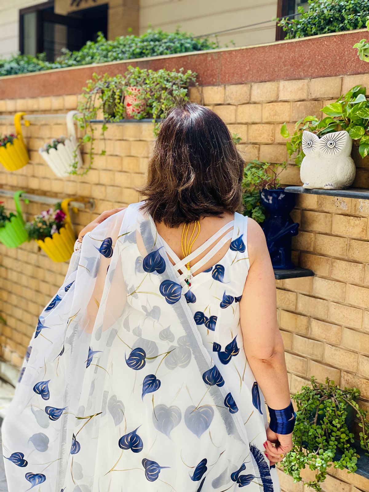 Blue White Leaf Handpainted Anarkali