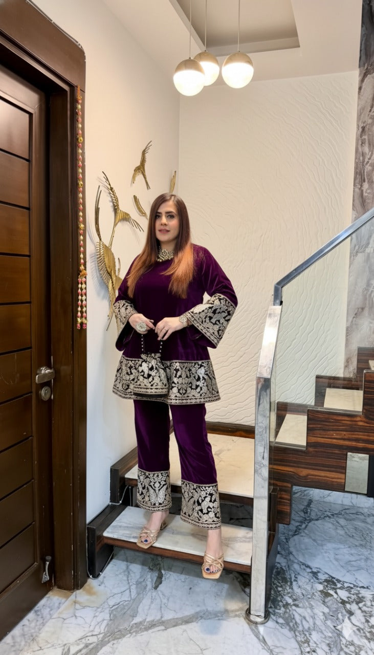 Wine Bird Velvet Co-Ord with Potli Bag