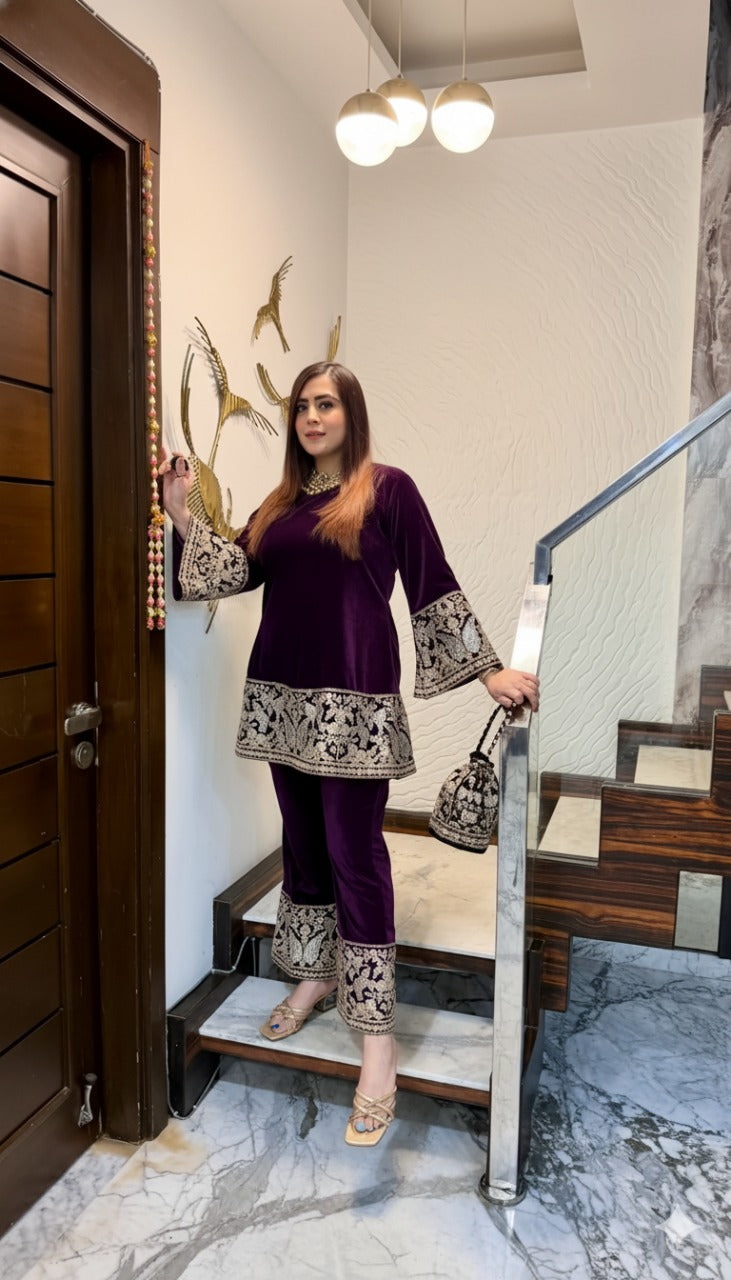 Wine Bird Velvet Co-Ord with Potli Bag