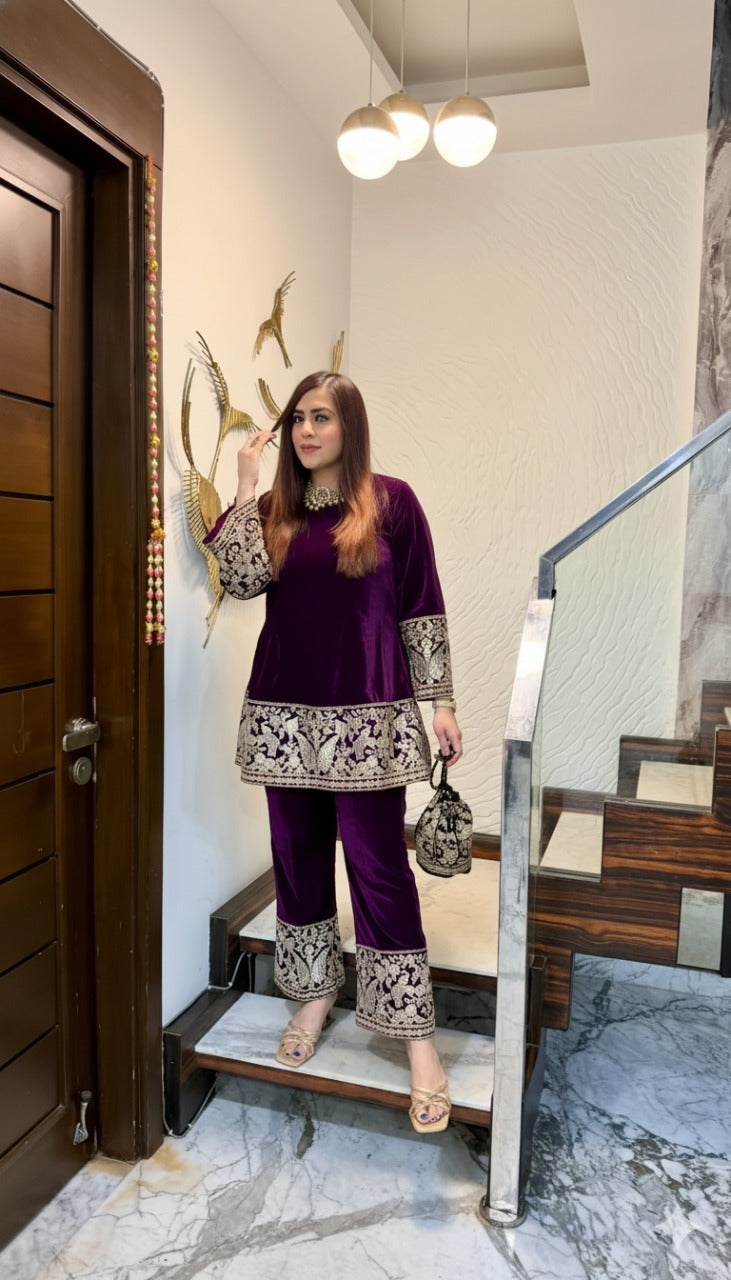 Wine Bird Velvet Co-Ord with Potli Bag