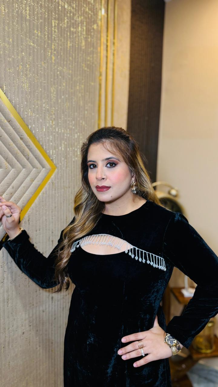 Fringe Drama Black Velvet Dress