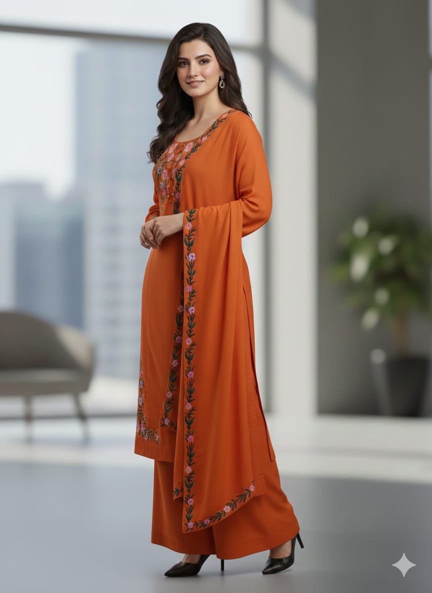 Orange Floral Embroidered Suit