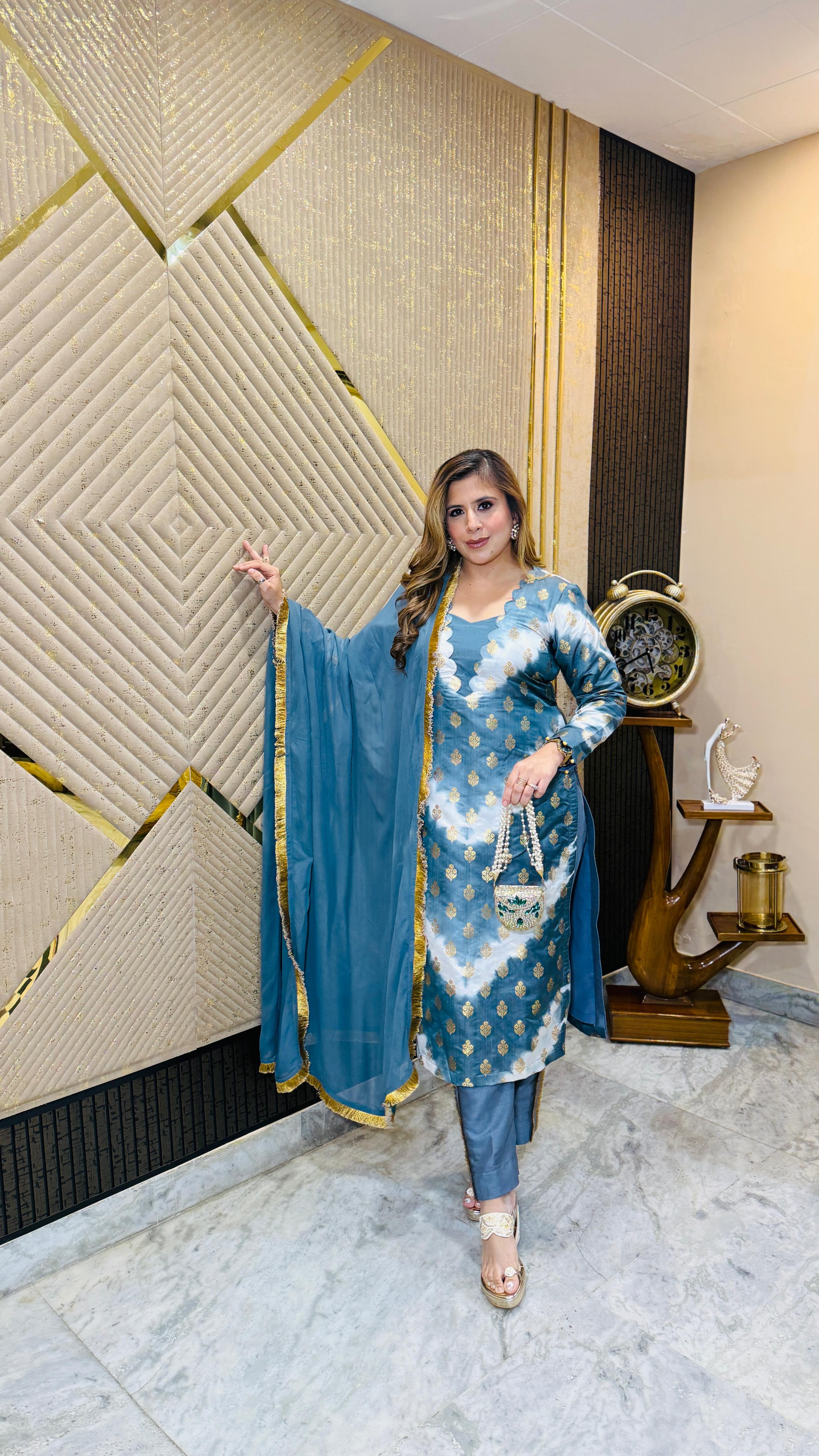 Peacock Blue Banarasi Kurti Set