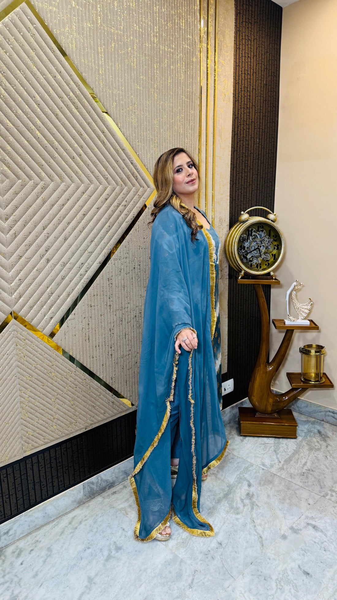 Peacock Blue Banarasi Kurti Set