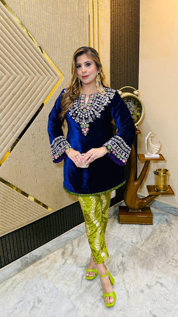 Navy Blue Velvet Co-Ord Set | Party Wear | Lakhina Couture