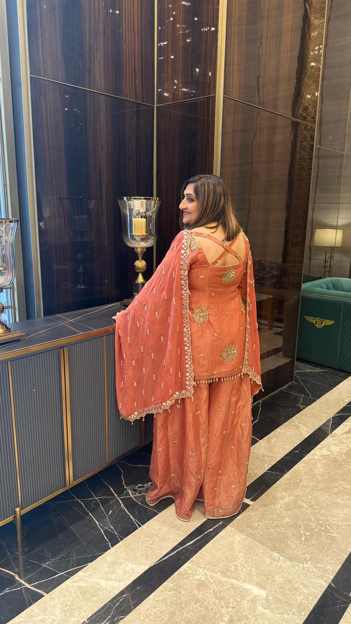 Peach Tissue Embroidered Garara Suit | Party Wear | Lakhina Couture - Look 5