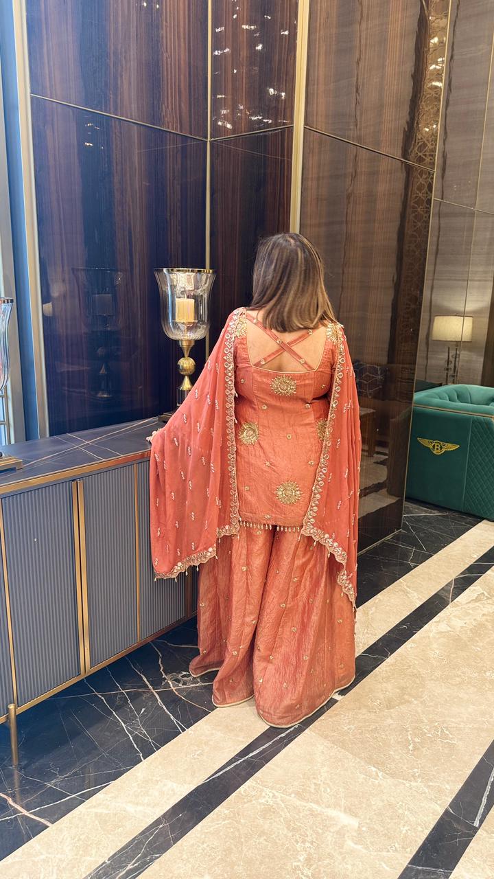 Peach Tissue Embroidered Garara Suit | Party Wear | Lakhina Couture - Look 3